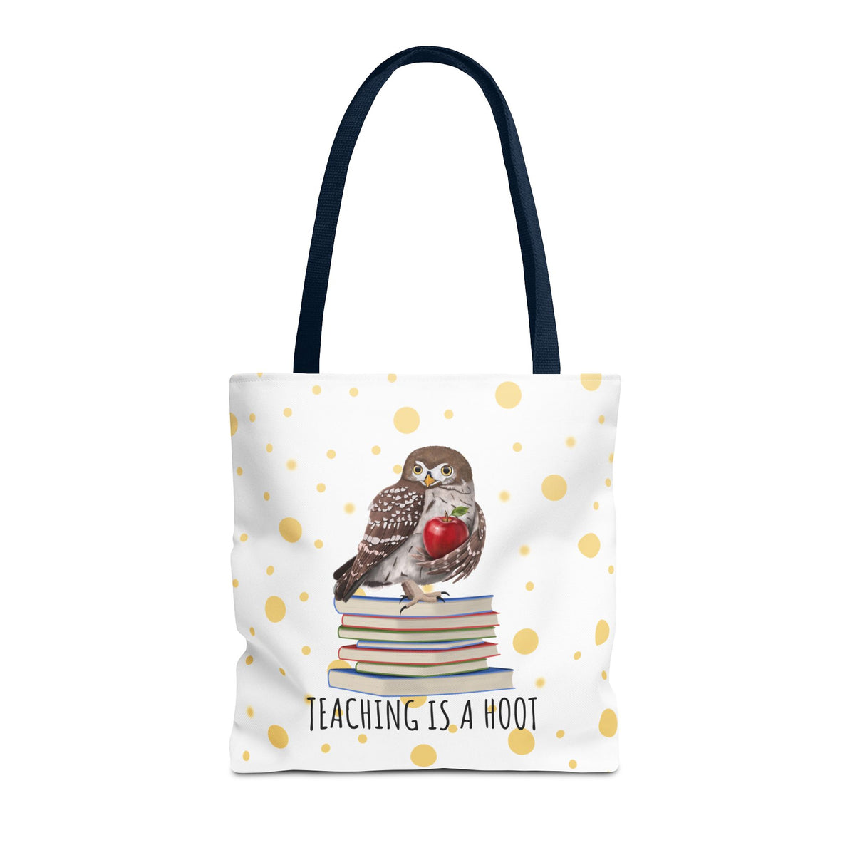 Cute Owl & Books Teacher Tote Bag – Teaching is a Hoot – Gold Polka Dot Aesthetic