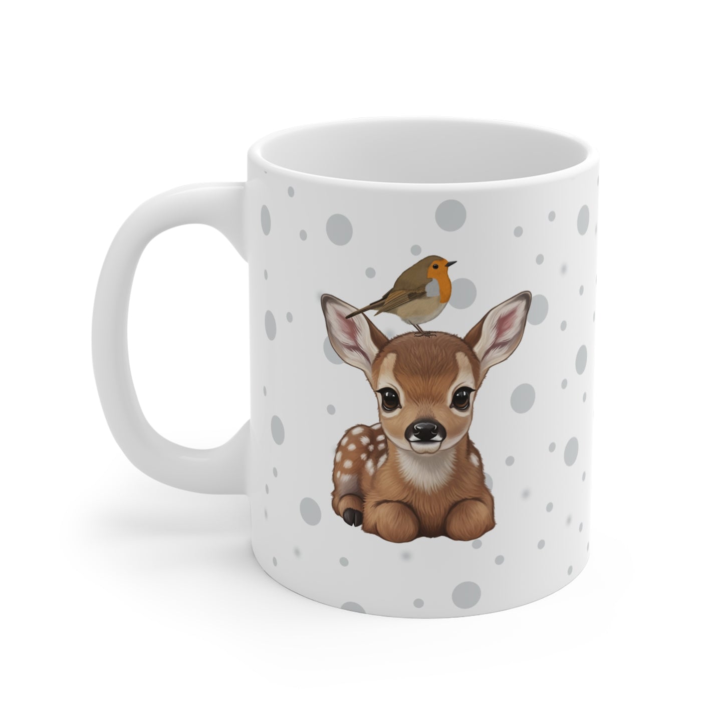 Cute Fawn Mug with Robin 11oz for Animal Lovers & Bird Watchers