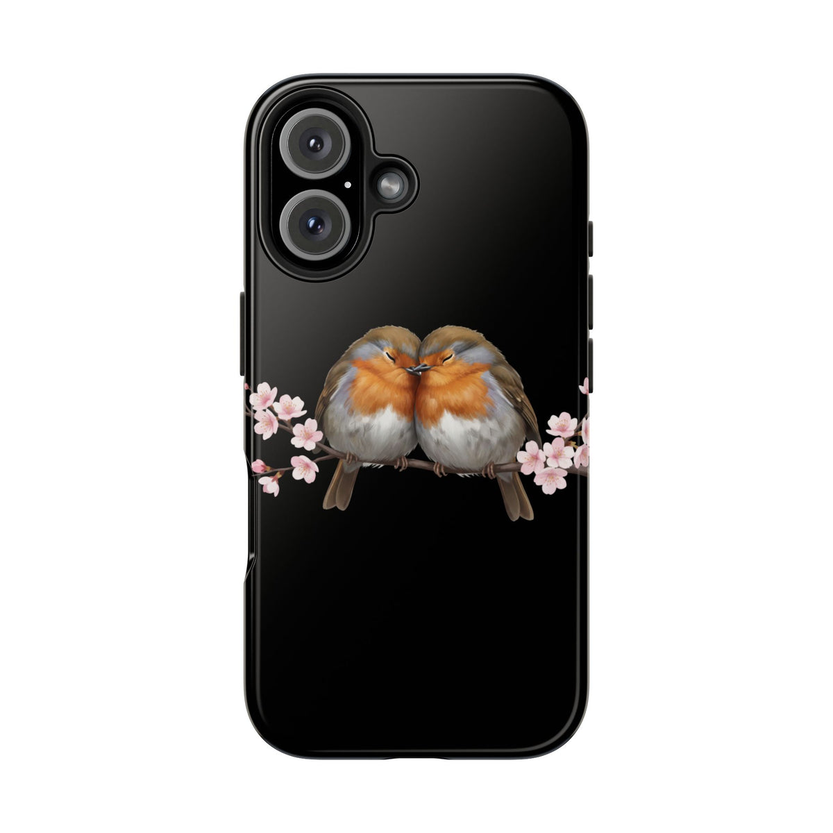 European Robin with Cherry Blossoms iPhone Case – Premium Tough Phone Cover Black