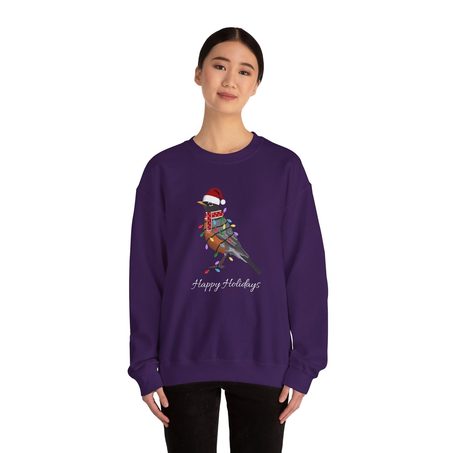 Robin with Fairy Lights as Santa Happy Holidays Birdwatcher Christmas Bird Sweatshirt
