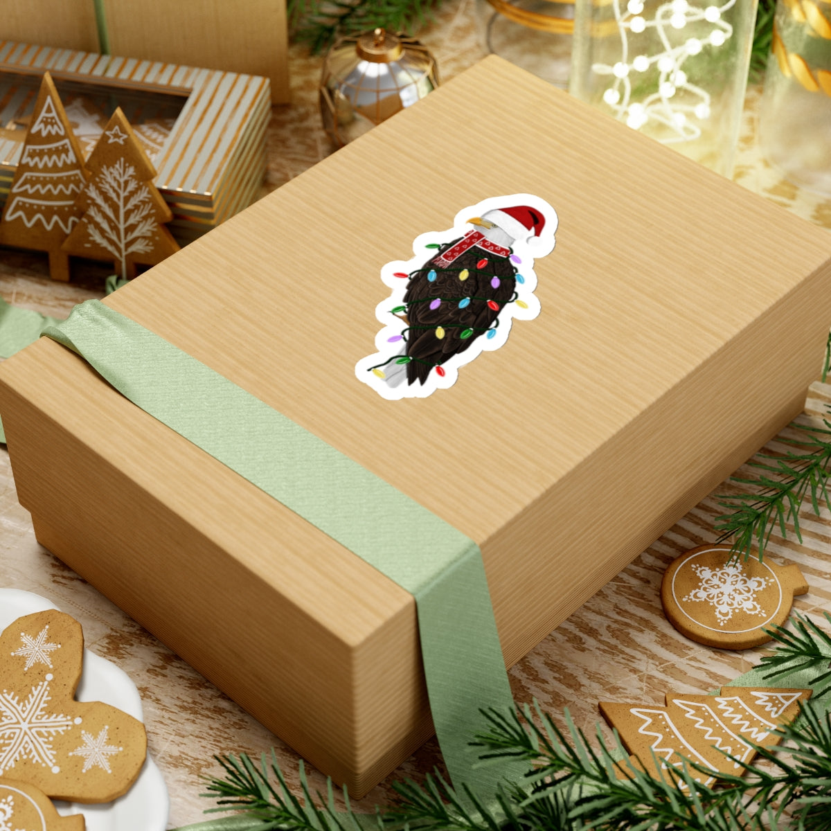 Bald Eagle with Fairy Lights Santa Claus Hat and Scarf Christmas Bird Sticker – Paper products