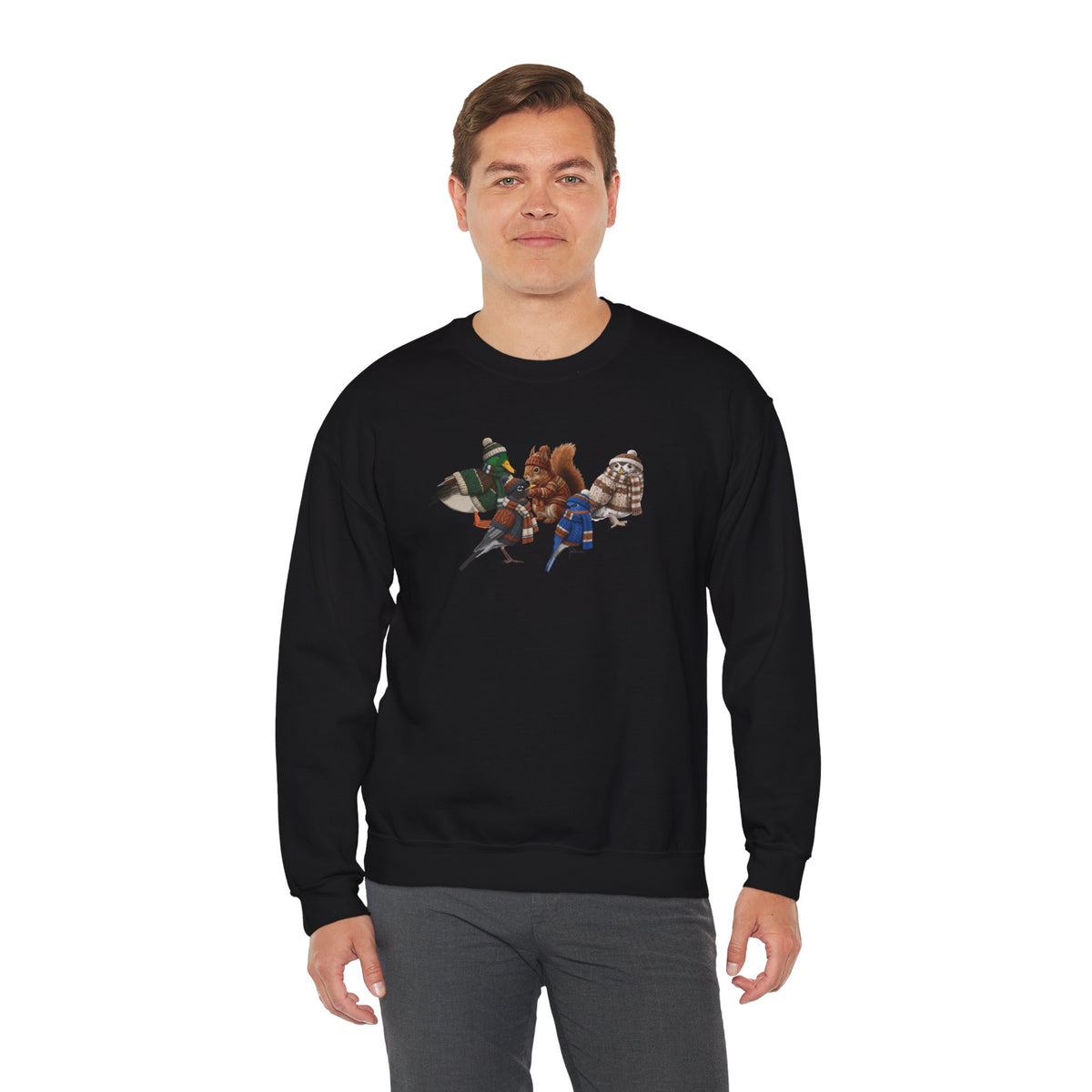 Cozy Winter Crewneck: Backyard Birds & Squirrel in Knitwear