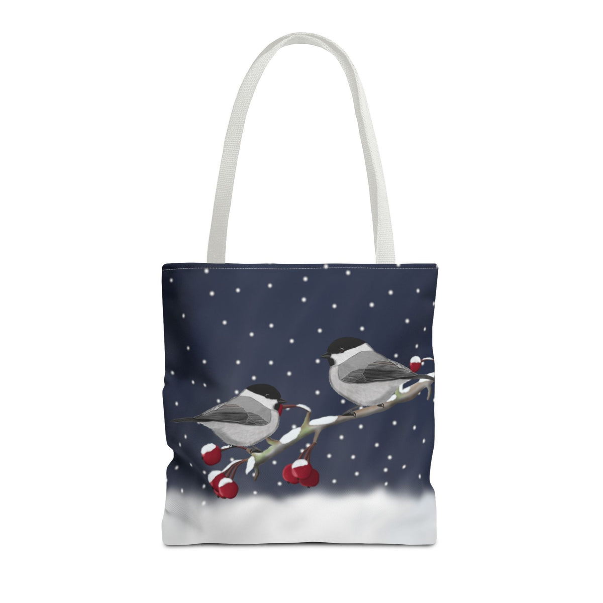 Willow Titmice on a Winter Branch Christmas Bird Tote Bag 16"x16" Bags in Black