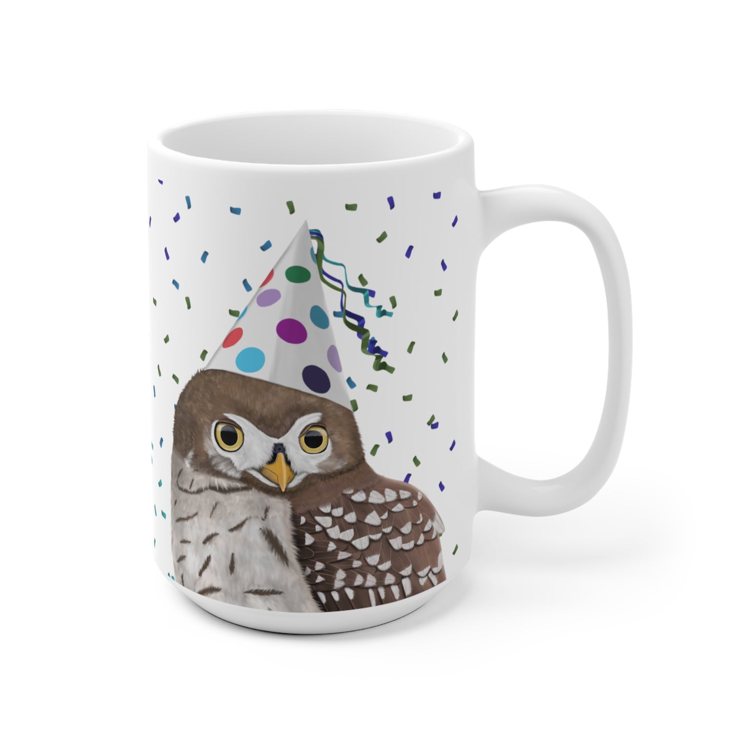 Eule feiert Geburtstag mit Partyhut und Konfetti Vogel Tasse