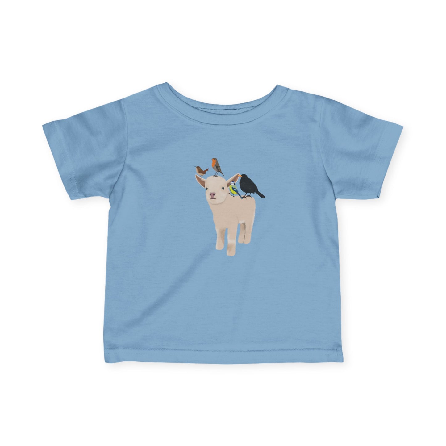 Süßes Lamm mit Amsel Blaumeise Rotkehlchen Zaunkönig Vogel Tiermotiv T-Shirt für Babys und Kleinkinder