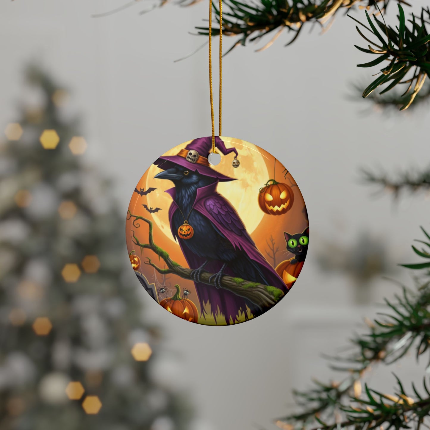 Raven Bird Halloween Ornament, Double-Sided Ceramic Decor for Spooky Season