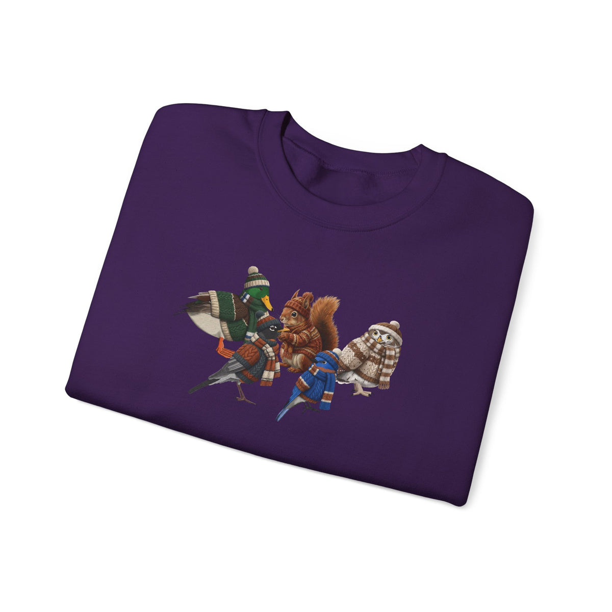 Cozy Winter Crewneck: Backyard Birds & Squirrel in Knitwear