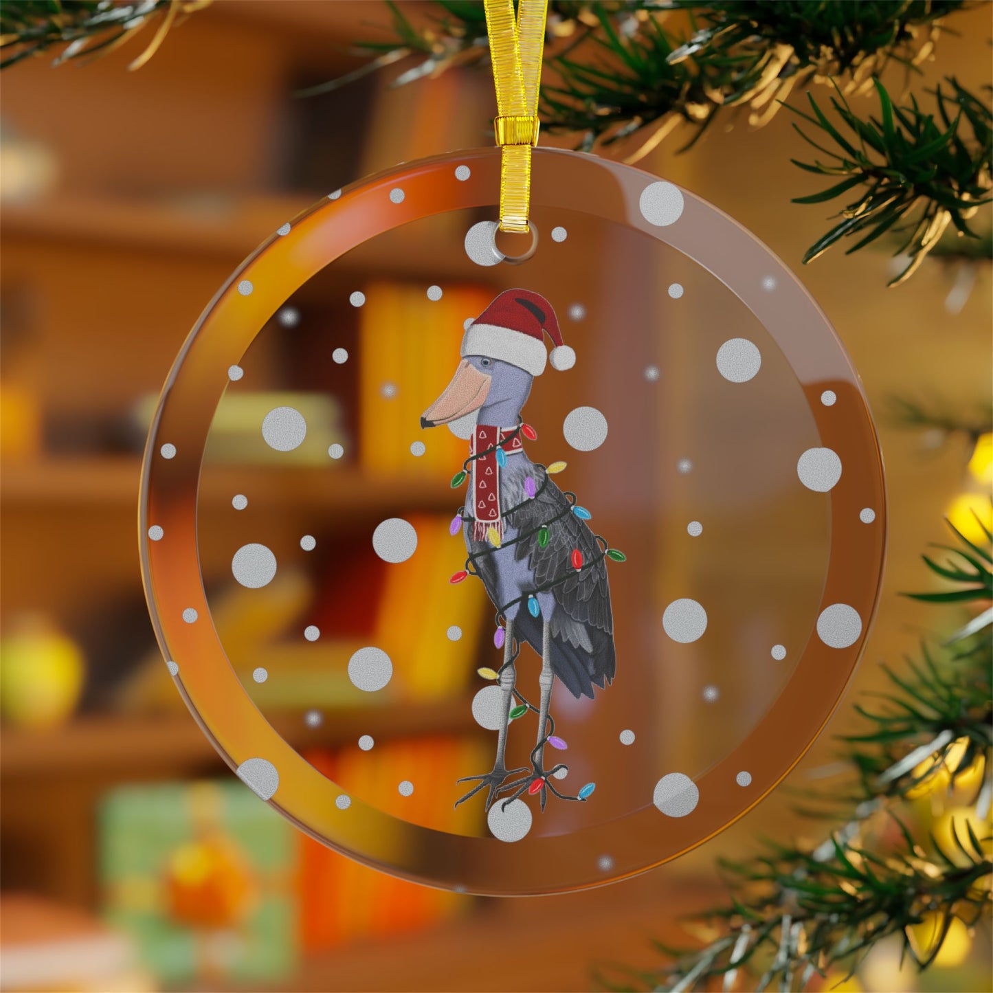 Shoebill as Santa Claus with Fairy Lights Christmas Glass Ornament