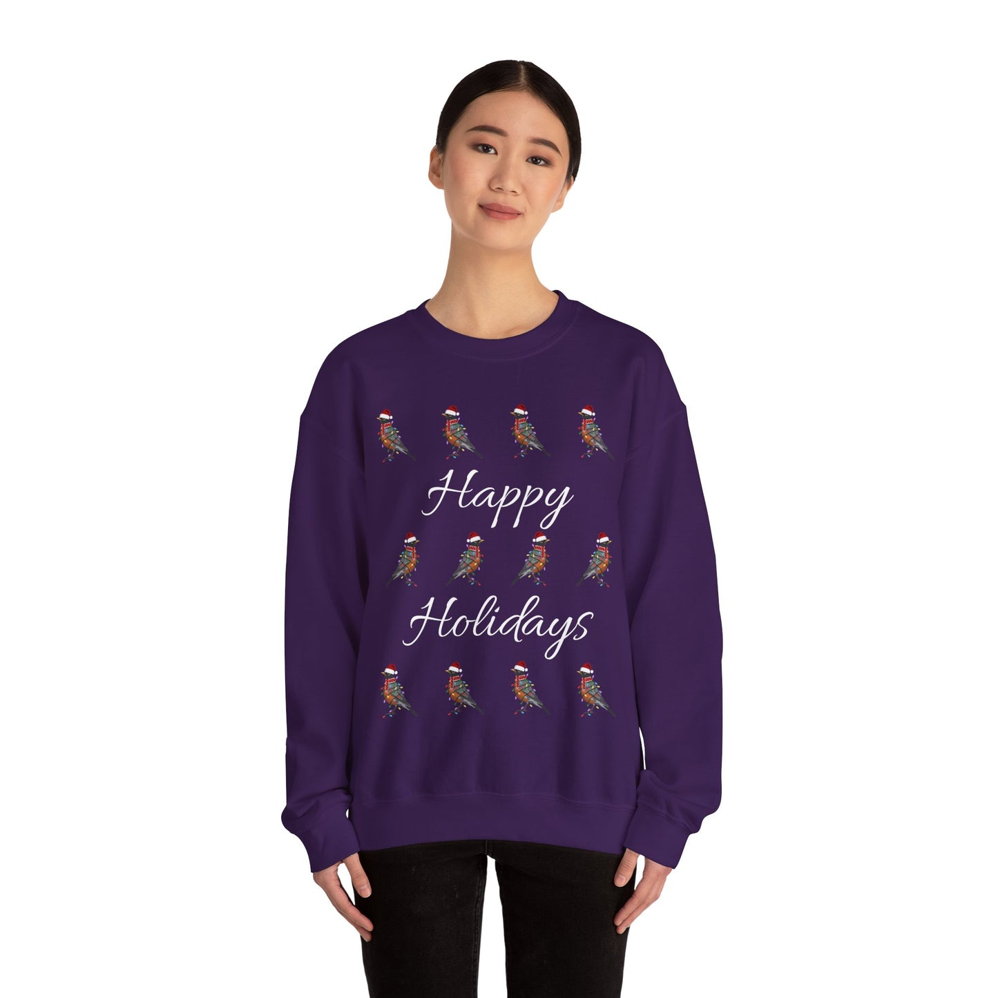 American Robin as Santa with Hat Scarf and Fairy Lights Happy Holidays Birdwatcher Christmas Bird Sweatshirt