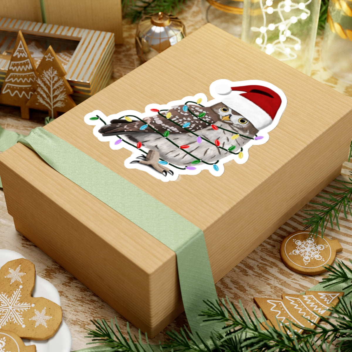 Owl with Fairy Lights Santa Claus Hat and Scarf Christmas Bird Sticker
