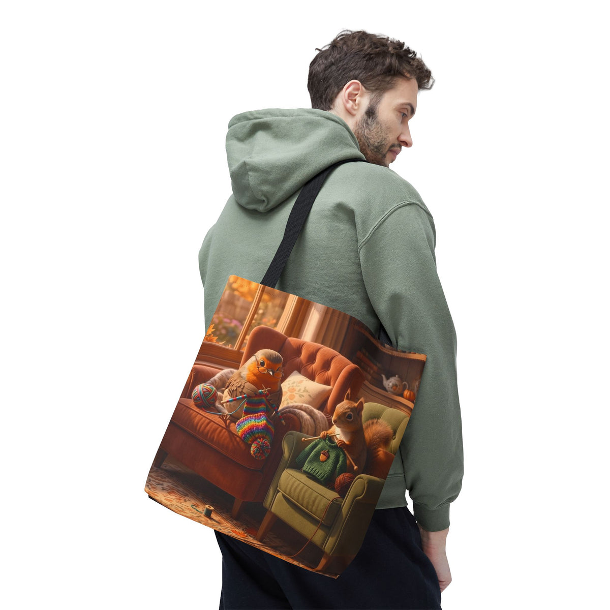 Sac fourre-tout Après-midi tricot douillet – Tote bag en tissu à imprimé intégral Rosi Rougegorge & Écureuil