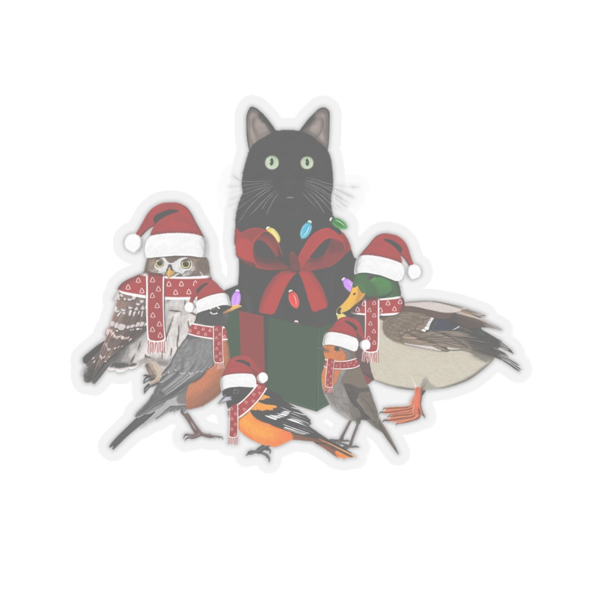 Robin Oriole Mallard Owl and Cat with Fairy Lights Santa Claus Hat and Scarf Christmas Bird Sticker