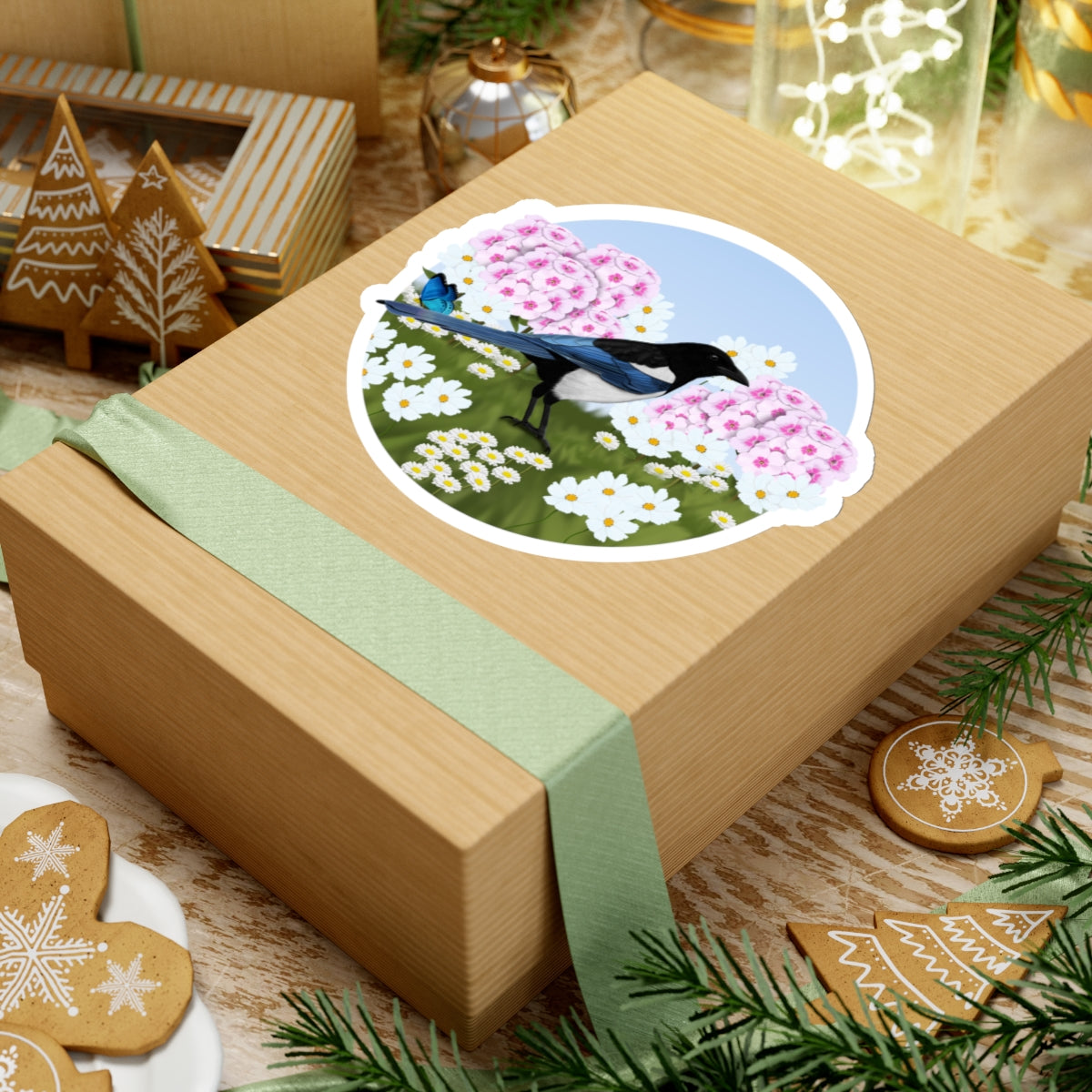 Magpie Summer Flowers Bird Kiss-Cut Sticker - jz.birds
