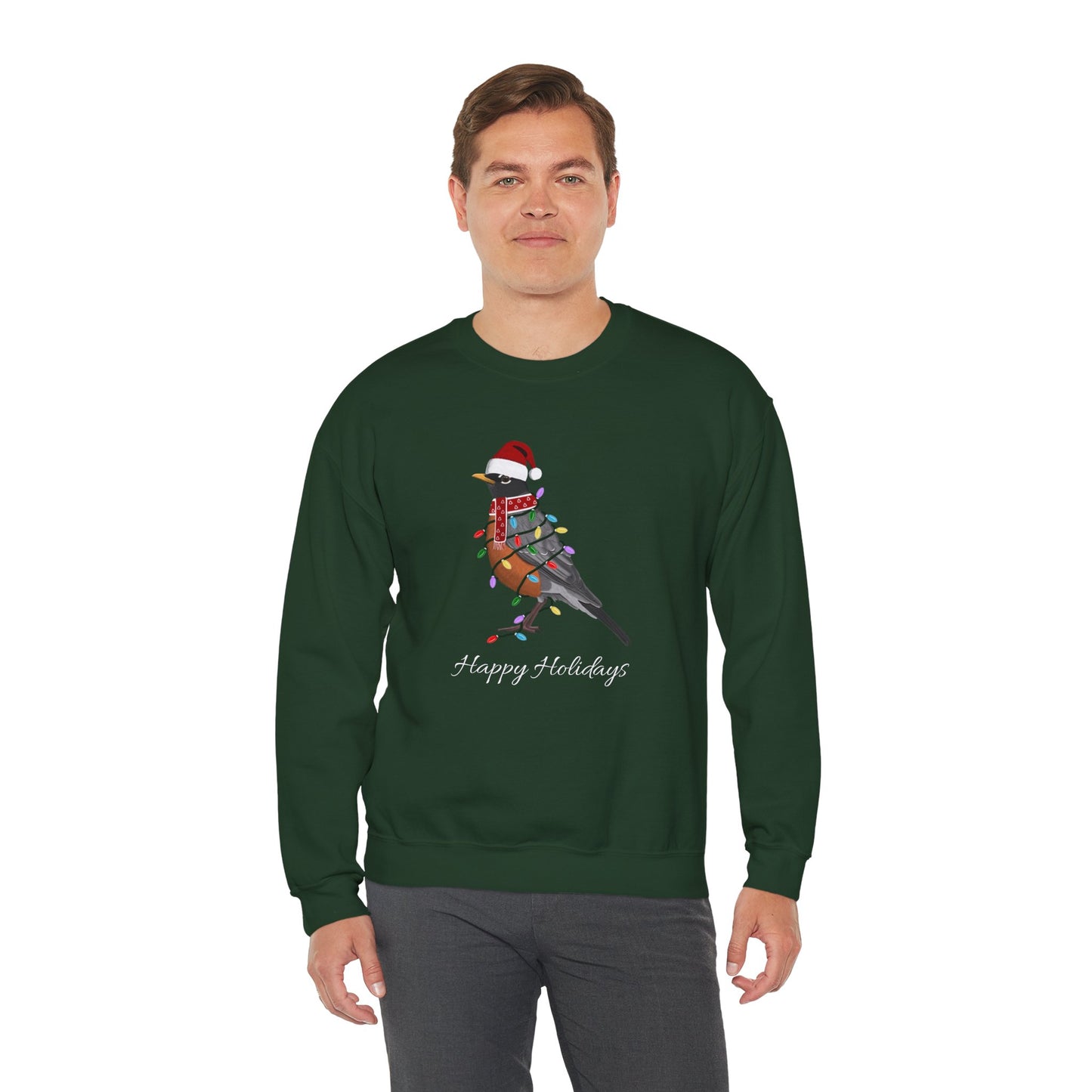 Robin with Fairy Lights as Santa Happy Holidays Birdwatcher Christmas Bird Sweatshirt