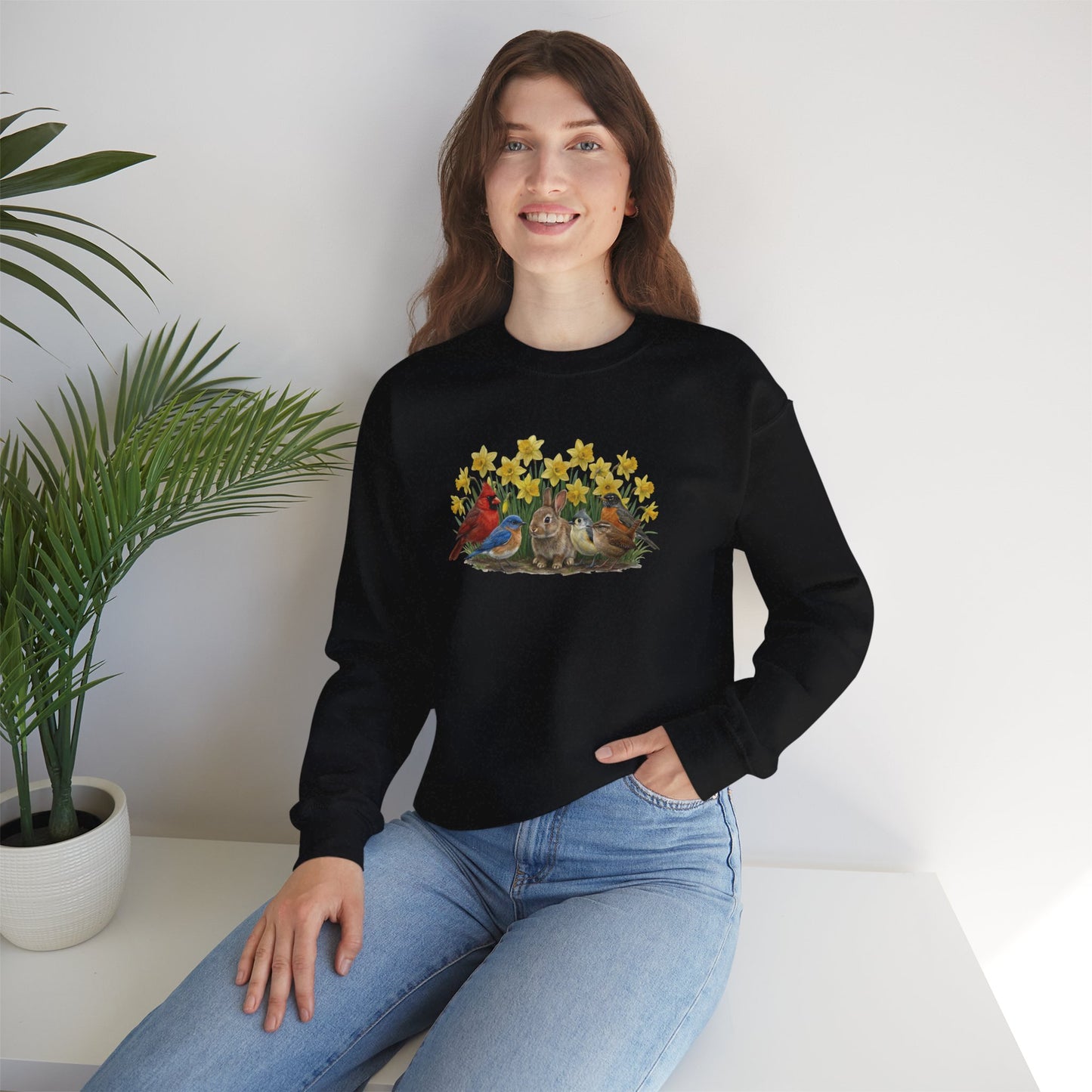 Spring & Easter Sweatshirt – Bunny, Cardinal & Bluebird | Cozy Bird Lover Crewneck