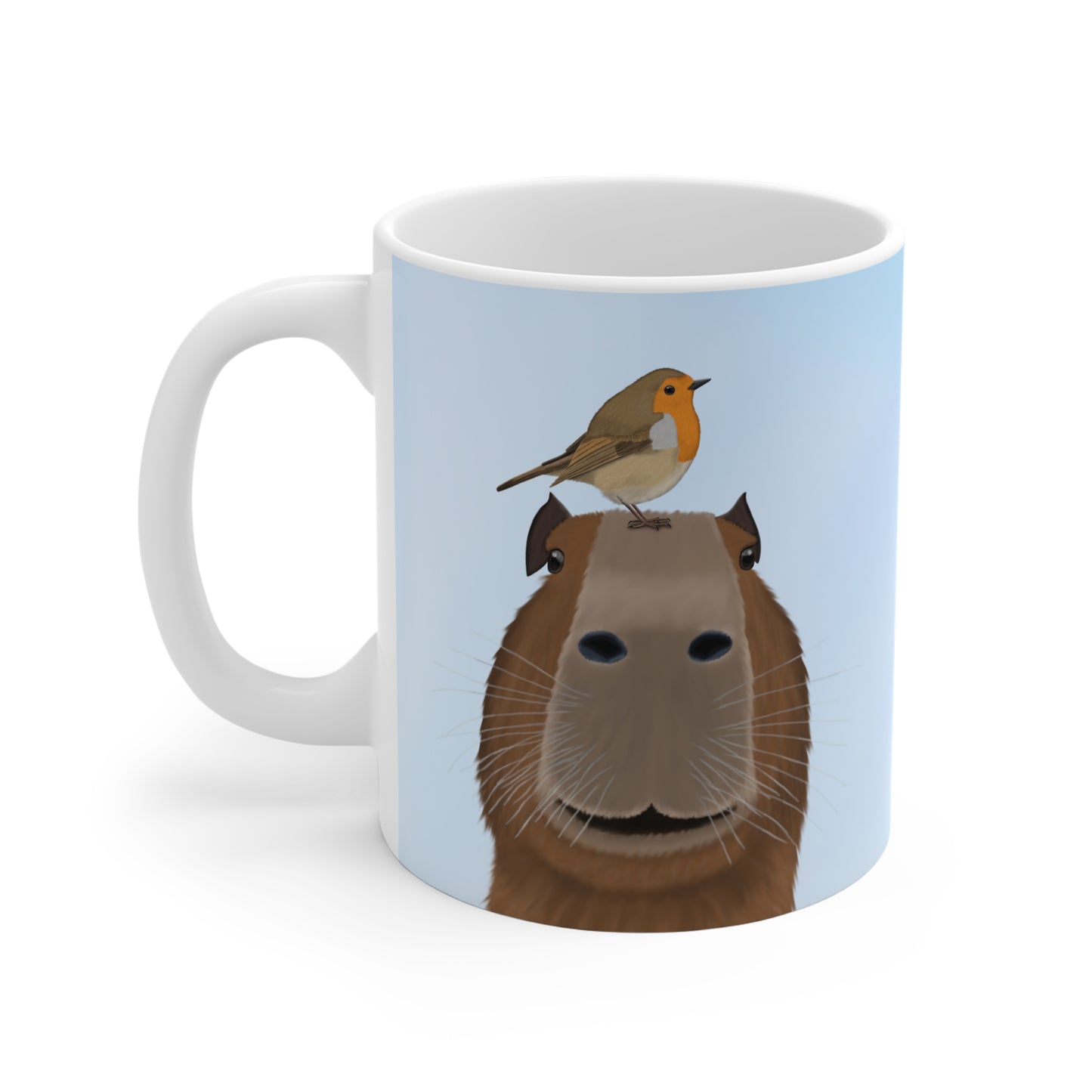 Rotkehlchen Tasse – Capybara mit Lustige Vogel