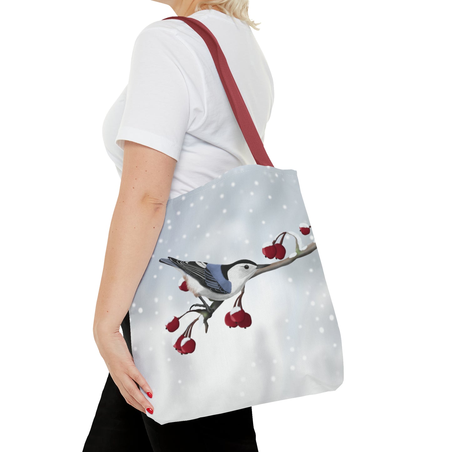 Nuthatch on a Winter Branch Bird Tote Bag 16"x16" - jz.birds