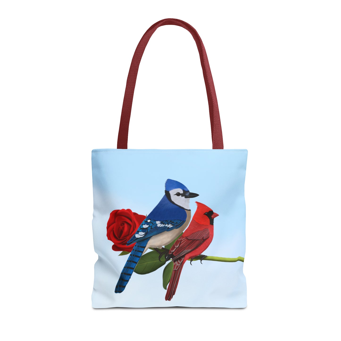 Blue Jay and Cardinal on a Rose Valentine's Day Bird Tote Bag 16"x16" - jz.birds
