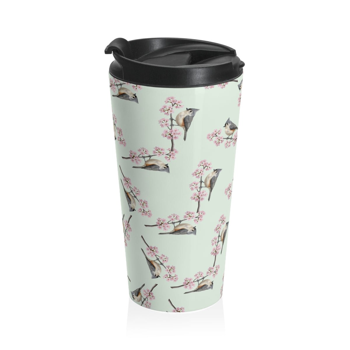 Tufted Titmouse Tumbler – & Cherry Blossom Travel Sage Green | 15oz Birdwatching Coffee Mug