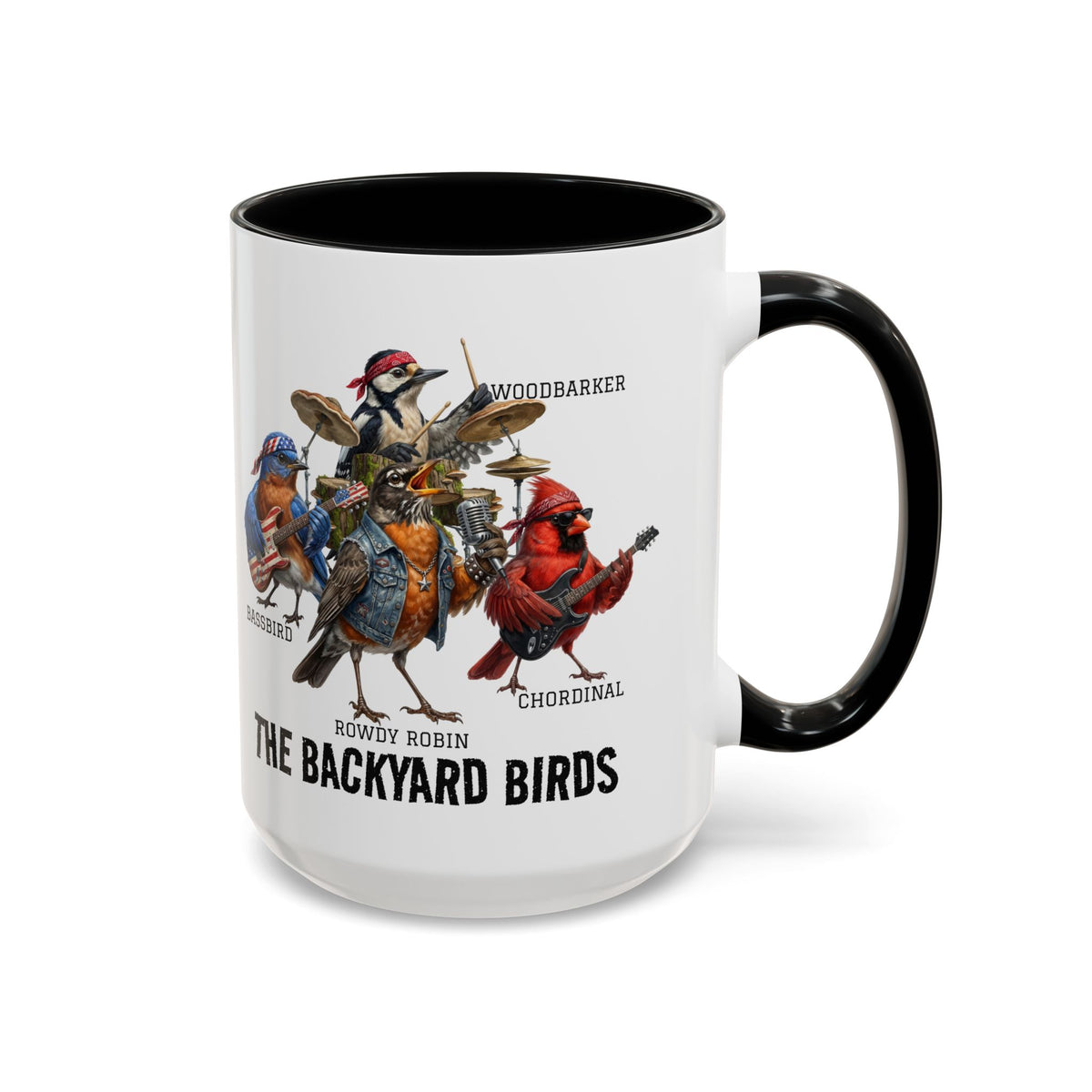 Mug with cartoon birds playing instruments and text 'The Backyard Birds' on a white background