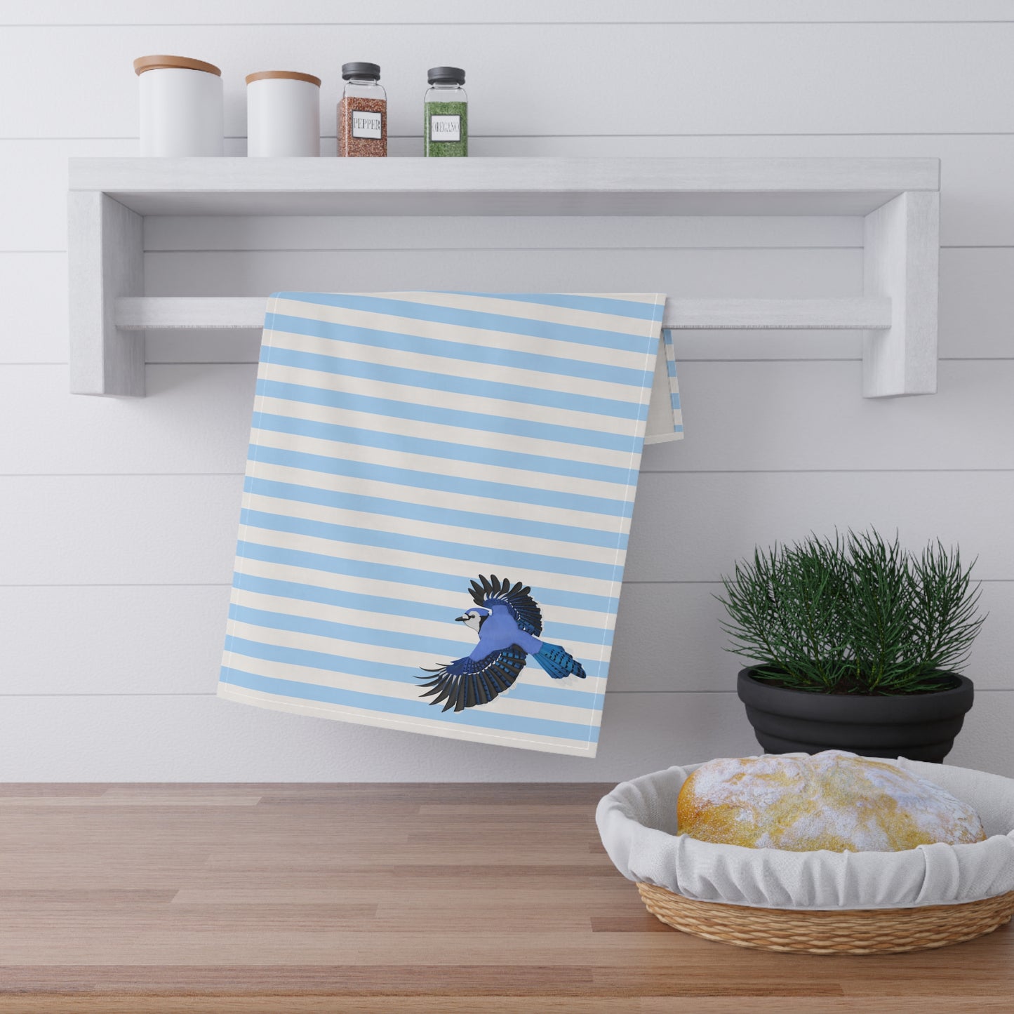 Blue Jay Bird Art Kitchen Towel Blue White 18" × 30"