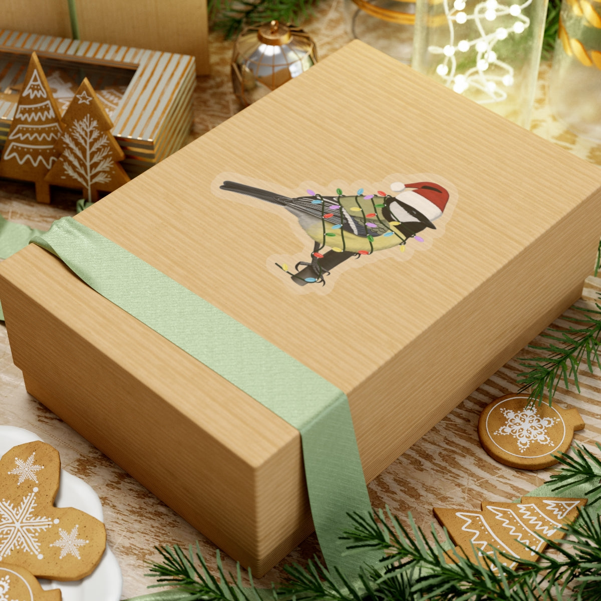 フェアリーライトとサンタクロースの帽子をかぶったチカディーのクリスマス鳥ステッカー