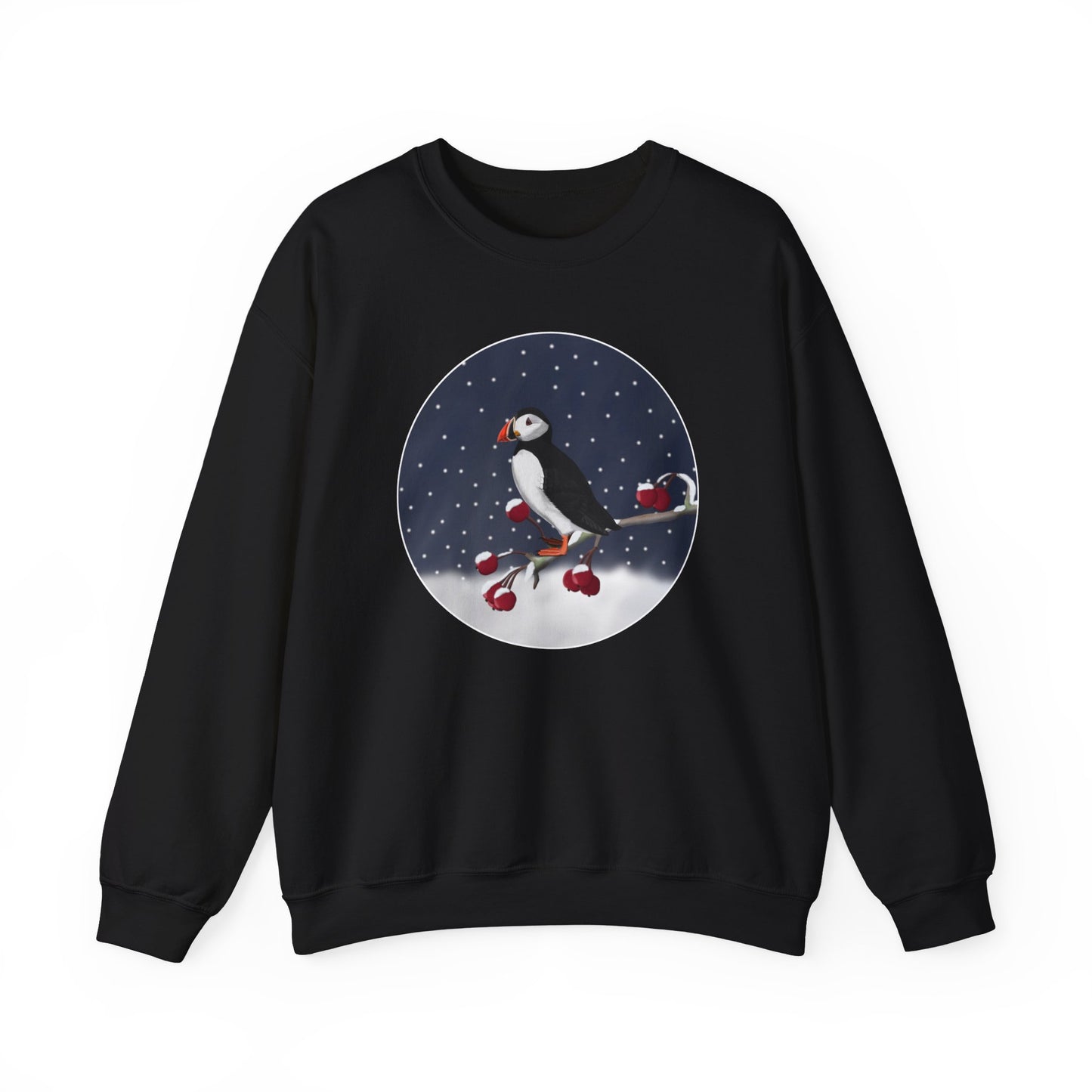 Puffin on a Winter Branch Birdwatcher Christmas Bird Sweatshirt –
