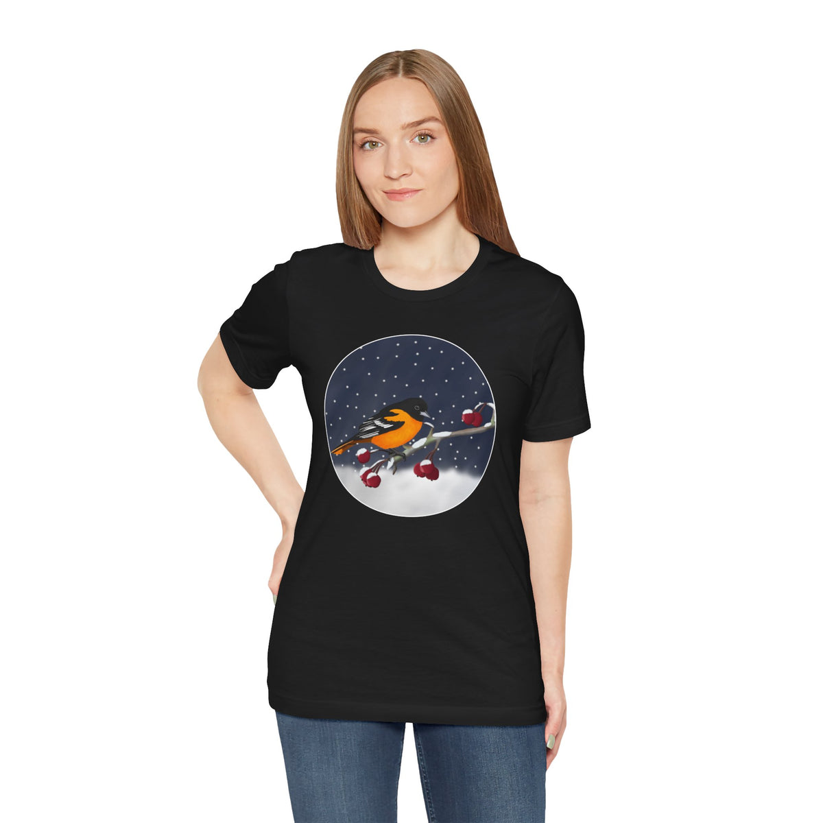 Baltimore Oriole on a Winter Branch Birdwatcher Christmas Bird T-Shirt