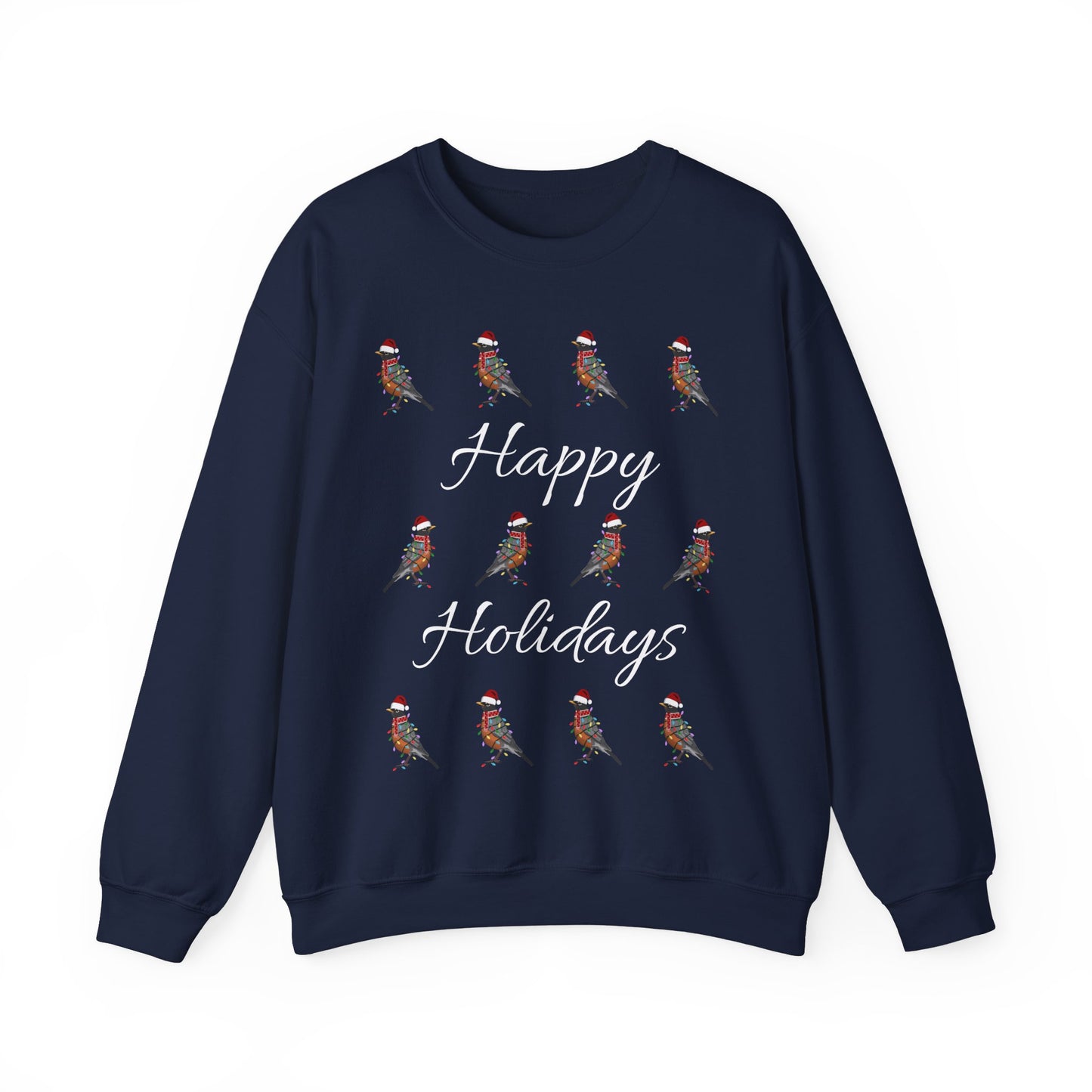American Robin as Santa with Hat Scarf and Fairy Lights Happy Holidays Birdwatcher Christmas Bird Sweatshirt