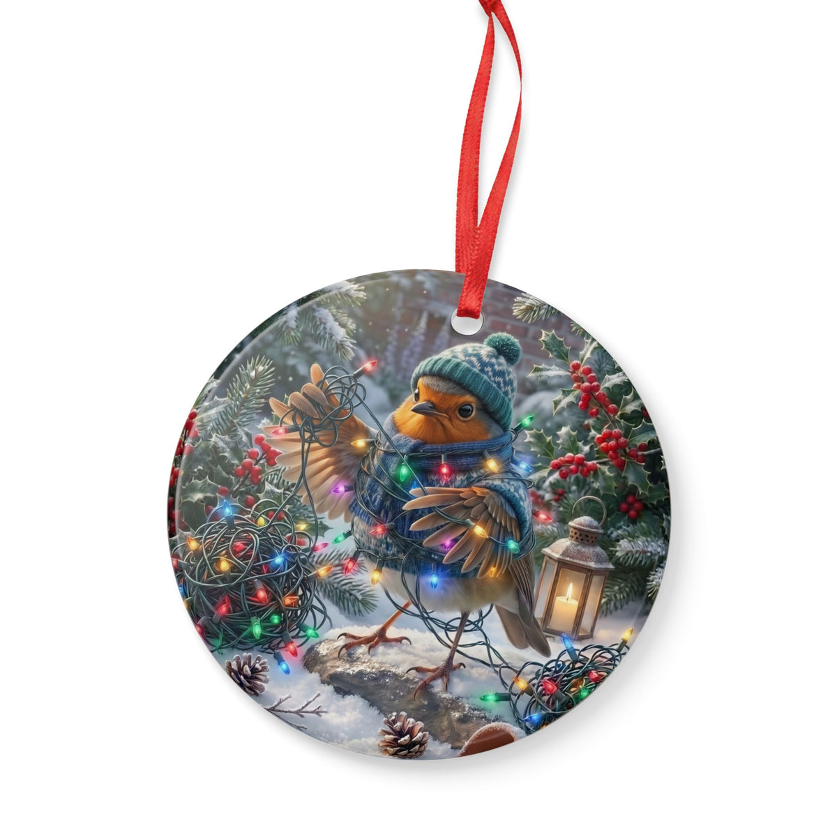 Premium Keramik Ornament Rosi Rotkehlchen & die Lichterkette | 7,5x7,5 cm | Lustige Weihnachtsdeko für Vogelfreunde