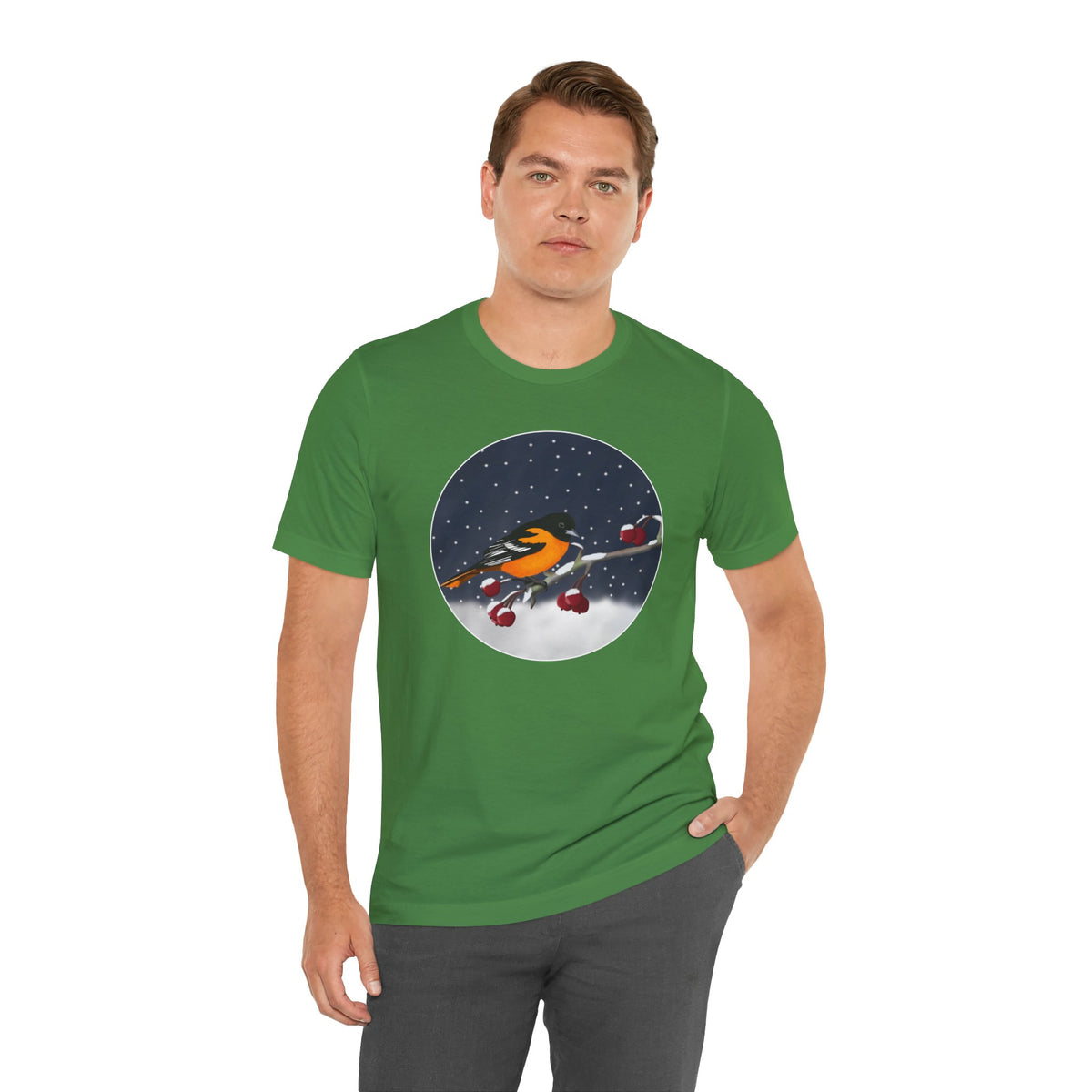 Baltimore Oriole on a Winter Branch Birdwatcher Christmas Bird T-Shirt