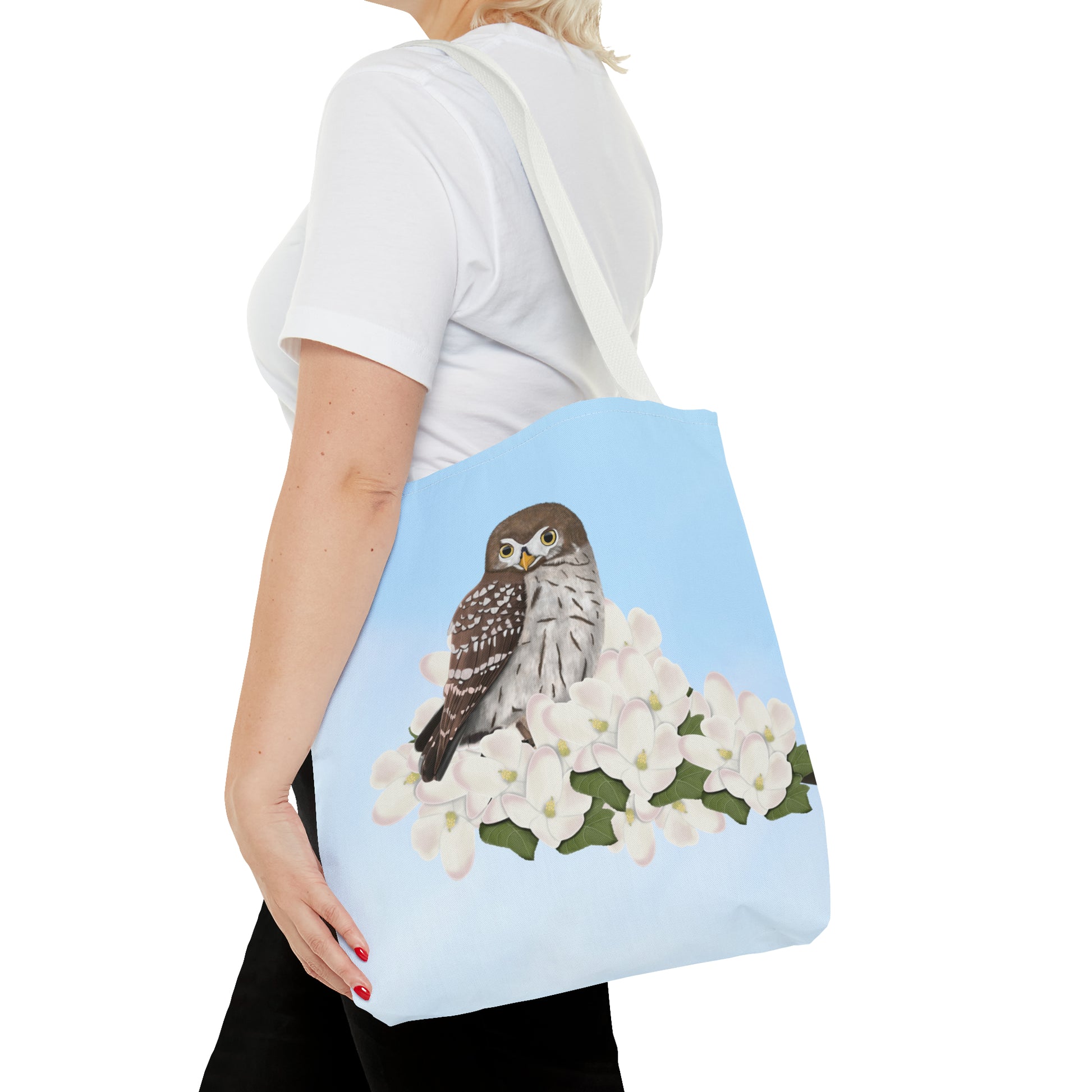 Little Owl in Spring Blossoms Bird Tote Bag 16"x16" - jz.birds