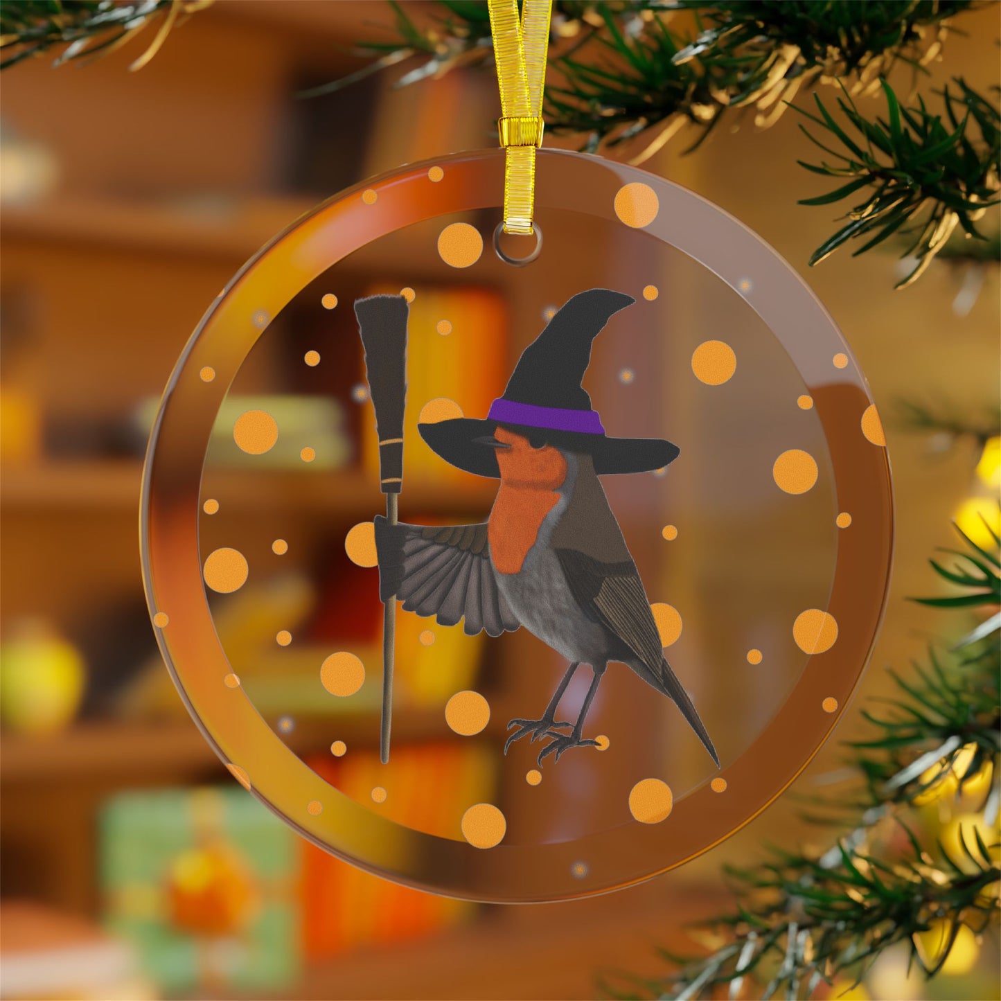 Robin with Witch Hat Halloween Bird Glass Ornament