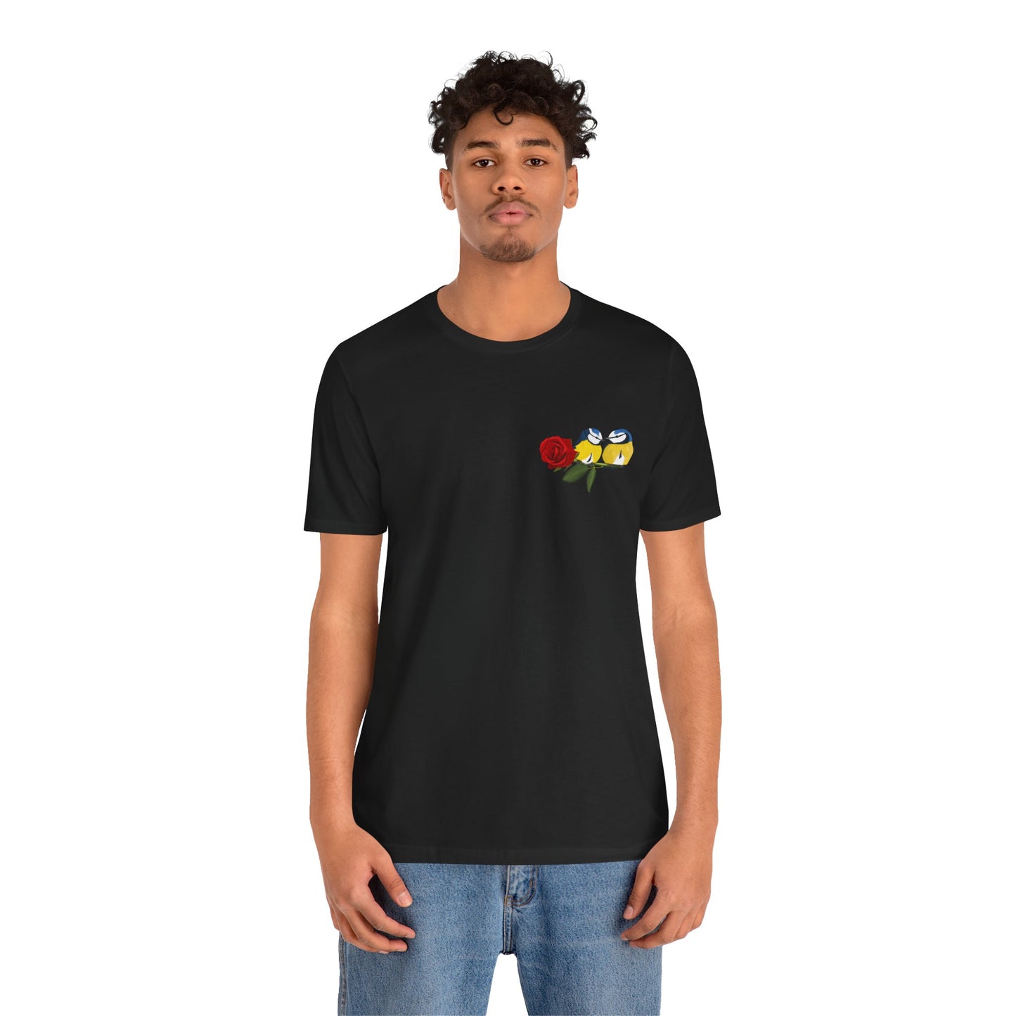 Valentine's Day Blue Titmice on Rose Unisex Tee