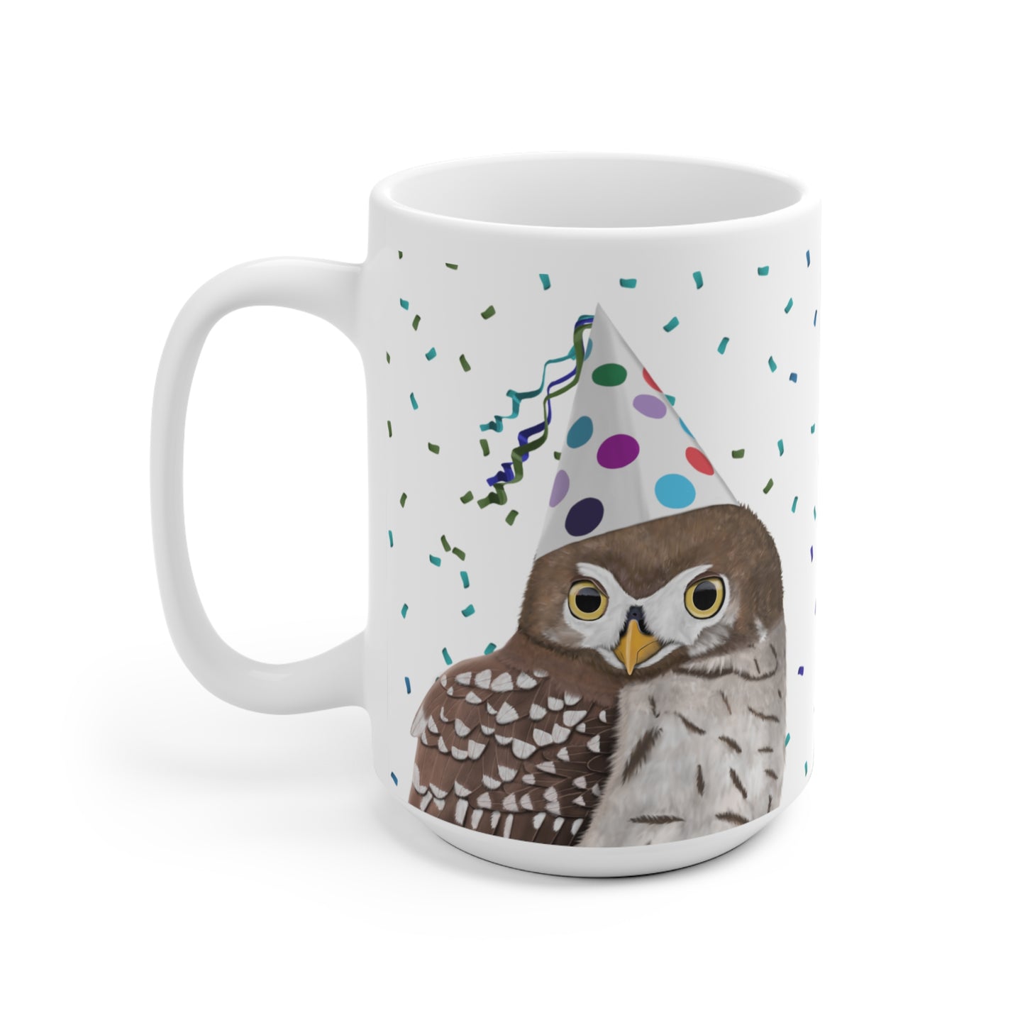 Eule feiert Geburtstag mit Partyhut und Konfetti Vogel Tasse