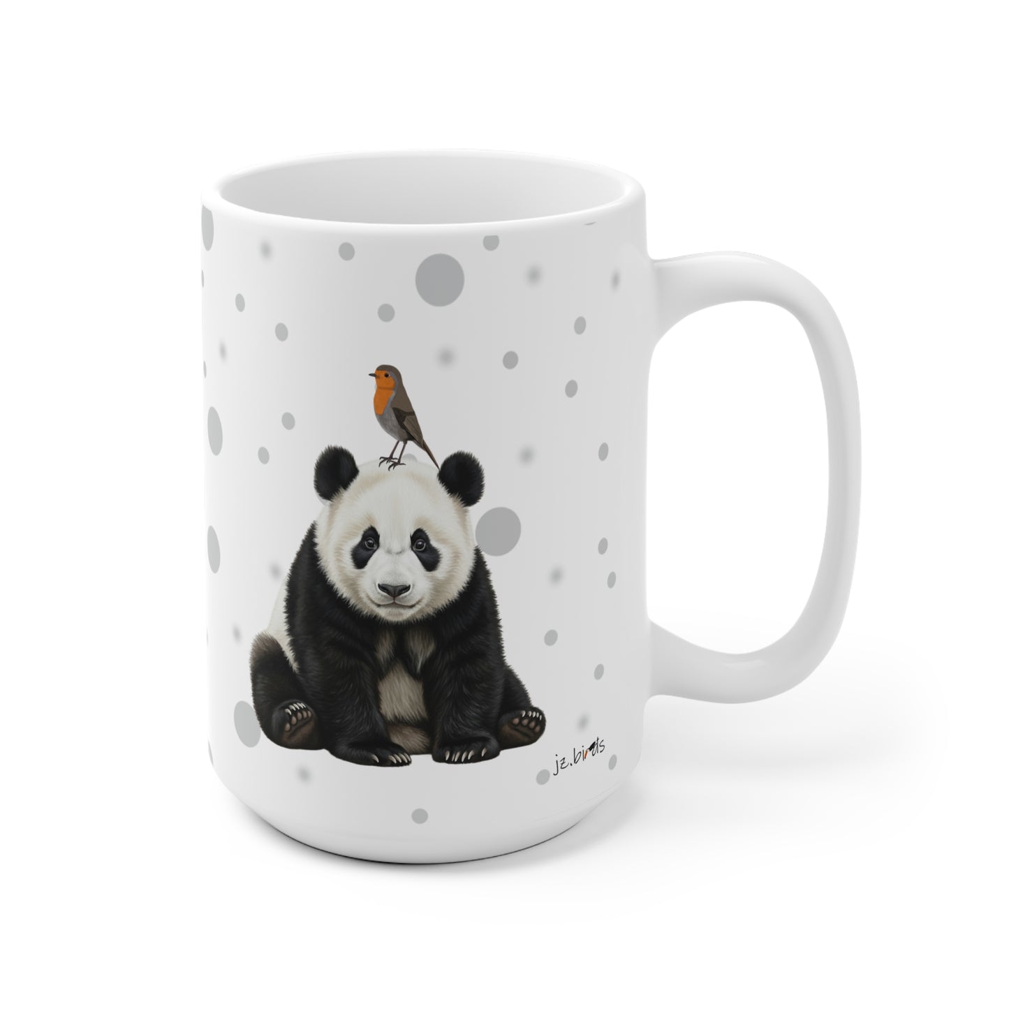 Rotkehlchen mit einem Panda Vogel Tiermotiv Tasse Punkte Grau