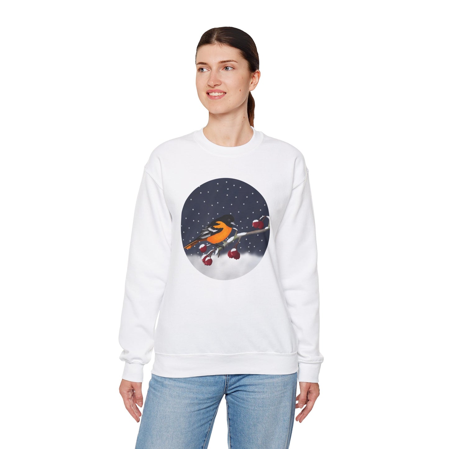 Baltimore Oriole on a Winter Branch Birdwatcher Christmas Bird Sweatshirt