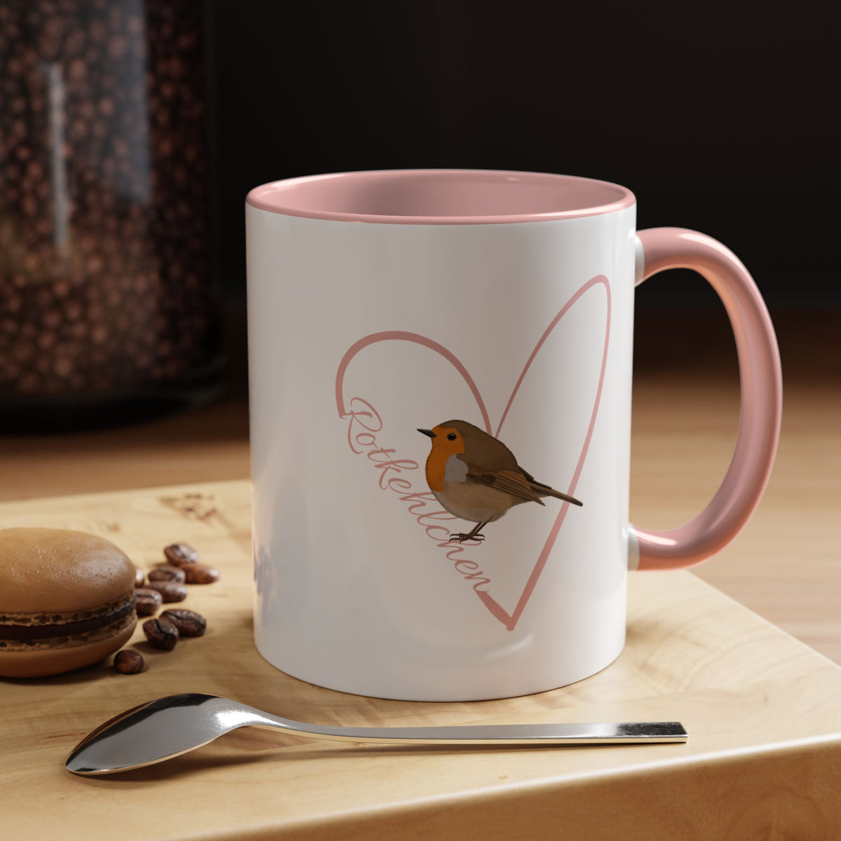 Rotkehlchen mit Herz Singvogel Vogel Tasse Weiß Rosa – Accent Coffee Mug,
