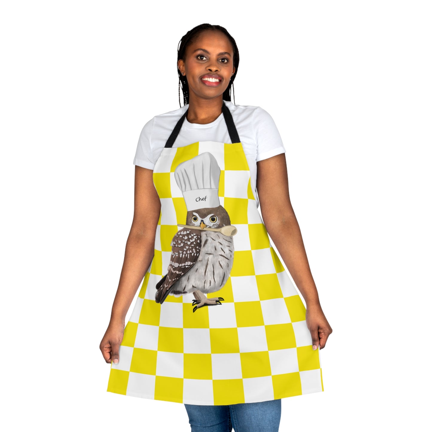 Little Owl Kitchen Chef Bird Art Apron Yellow and White Checkered - jz.birds