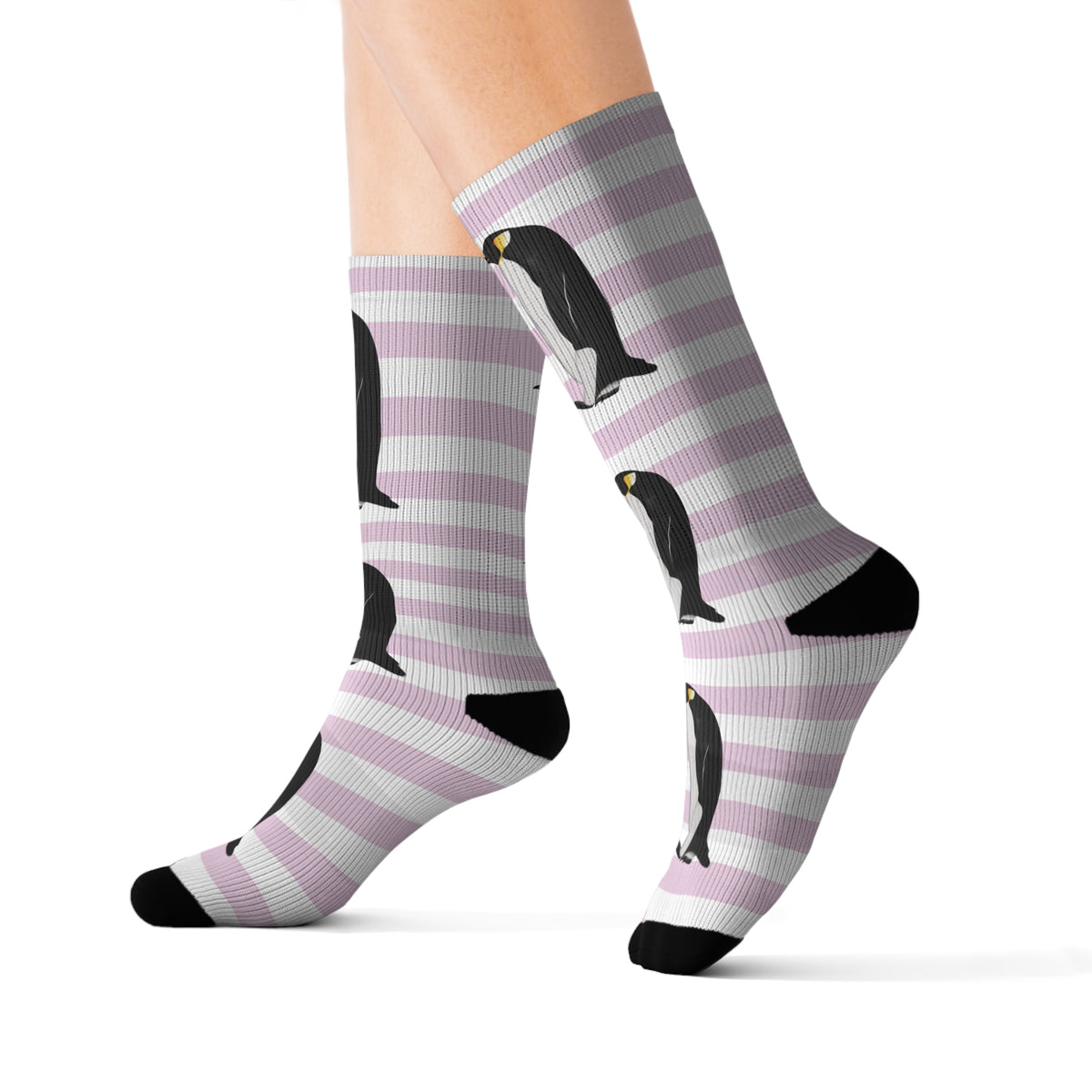 Penguin Bird Pink White Striped Socks All Over Prints on Accessories background