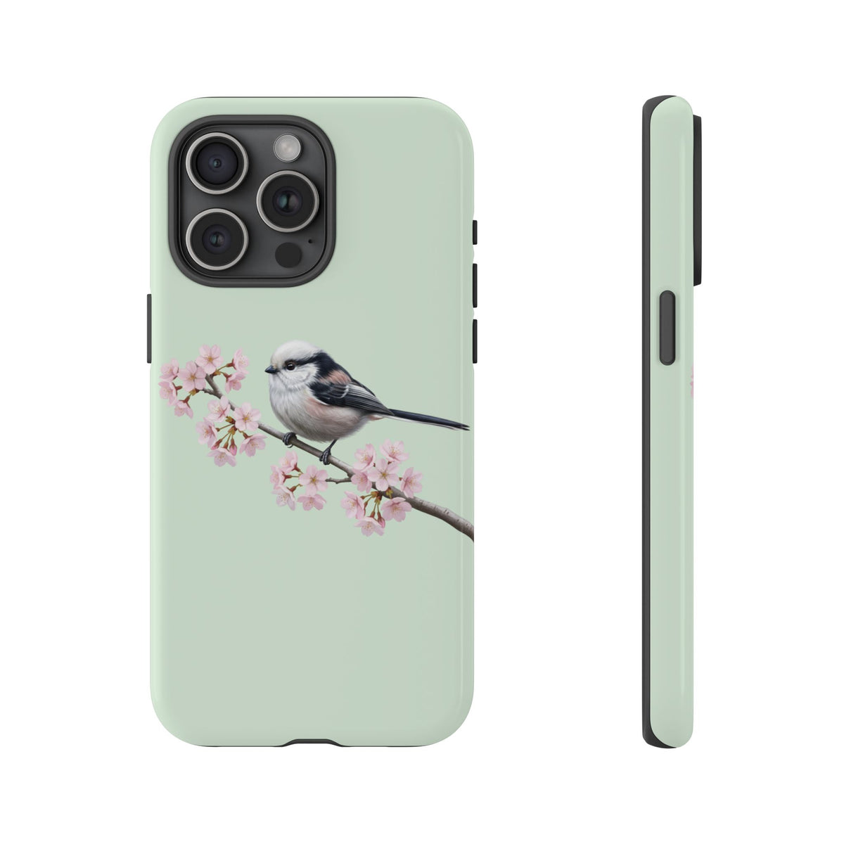 Funda para móvil de carbonero común en verde salvia | Motivo floral de pájaro y flores de cerezo para iPhone y Google Pixel