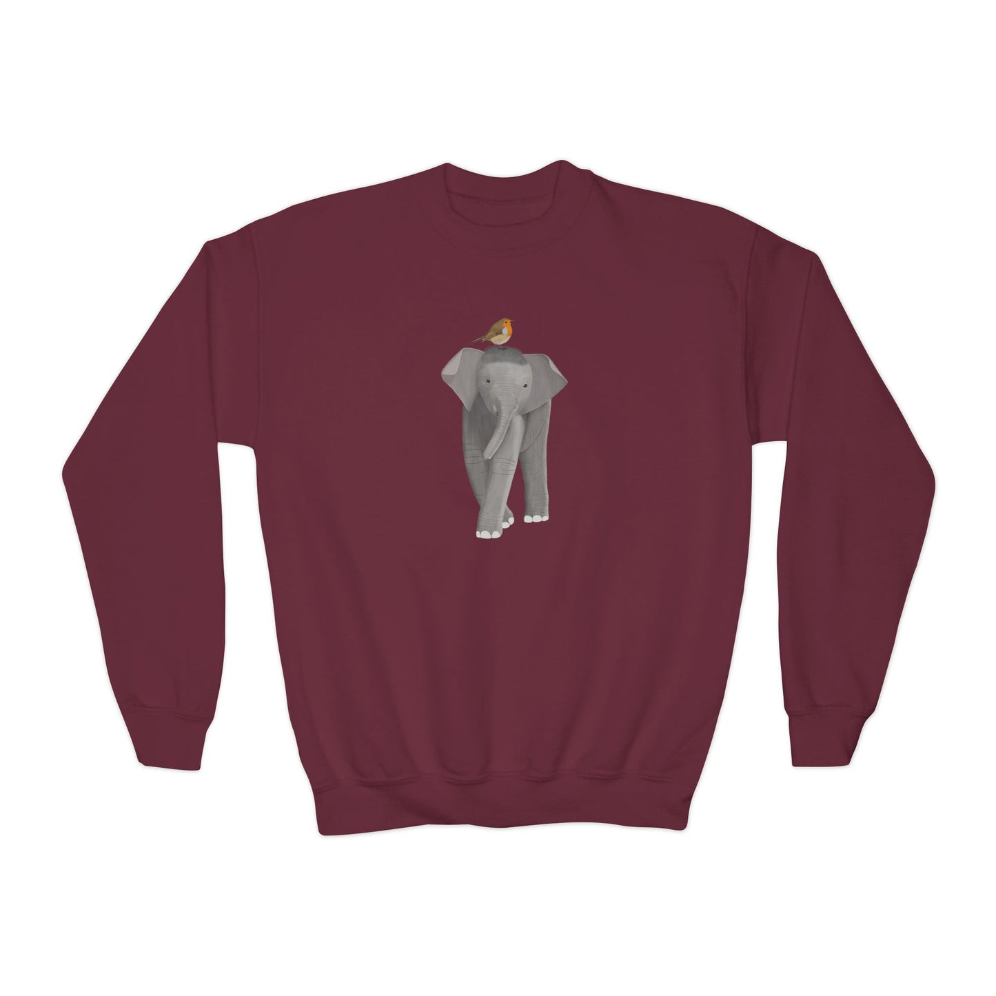 Elephant with European Robin Bird Youth Crewneck Sweatshirt
