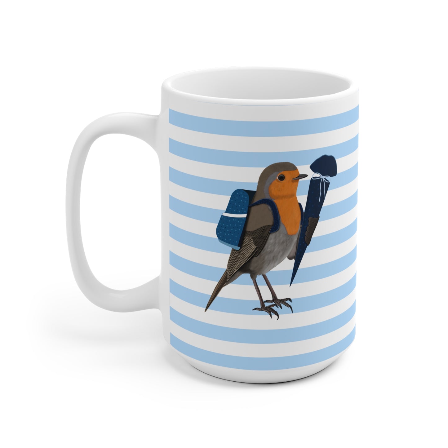 Rotkehlchen Vogel Tasse als Geschenk zur Einschulung Blau Weiß