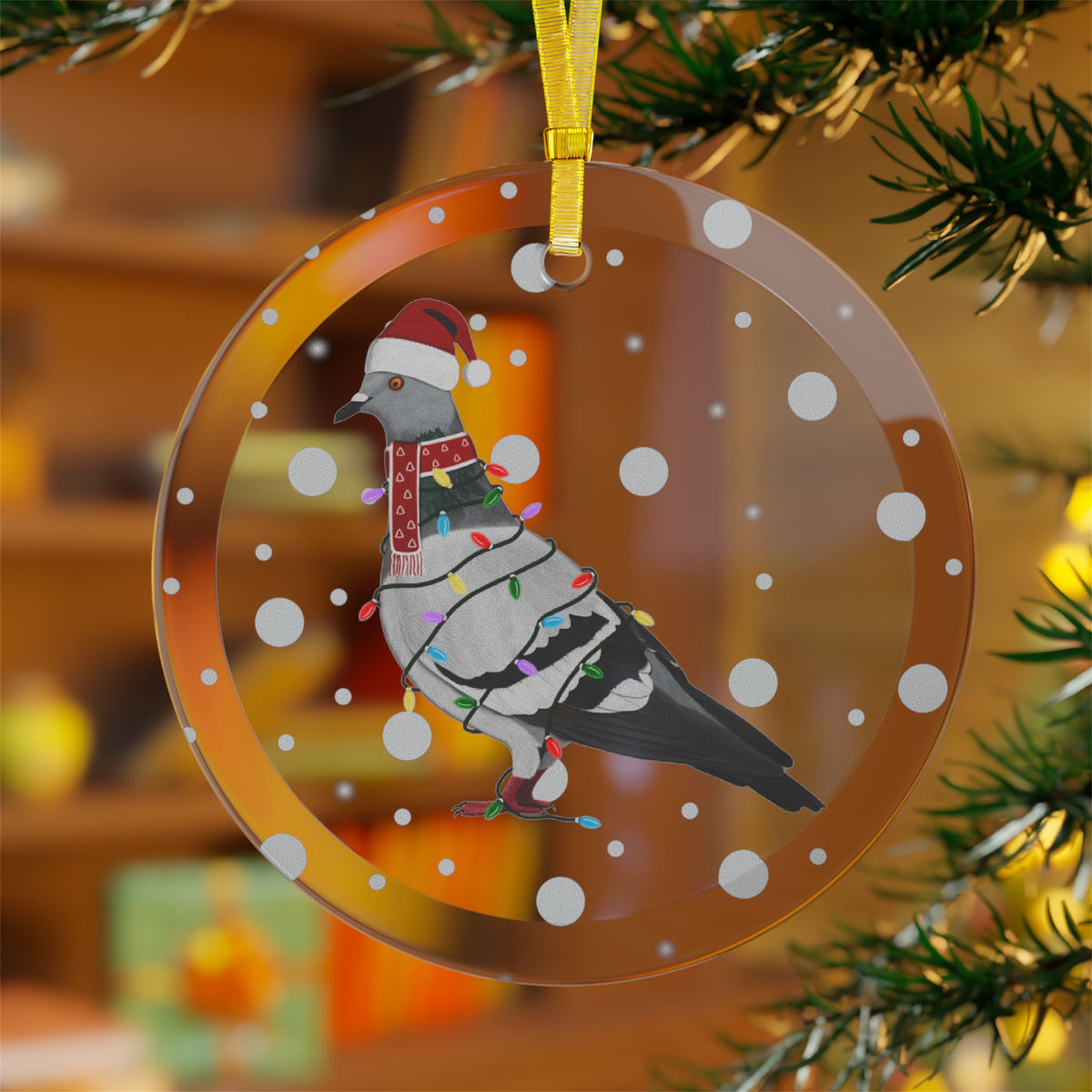 サンタクロースに扮した鳩とフェアリーライトのクリスマスガラスオーナメント