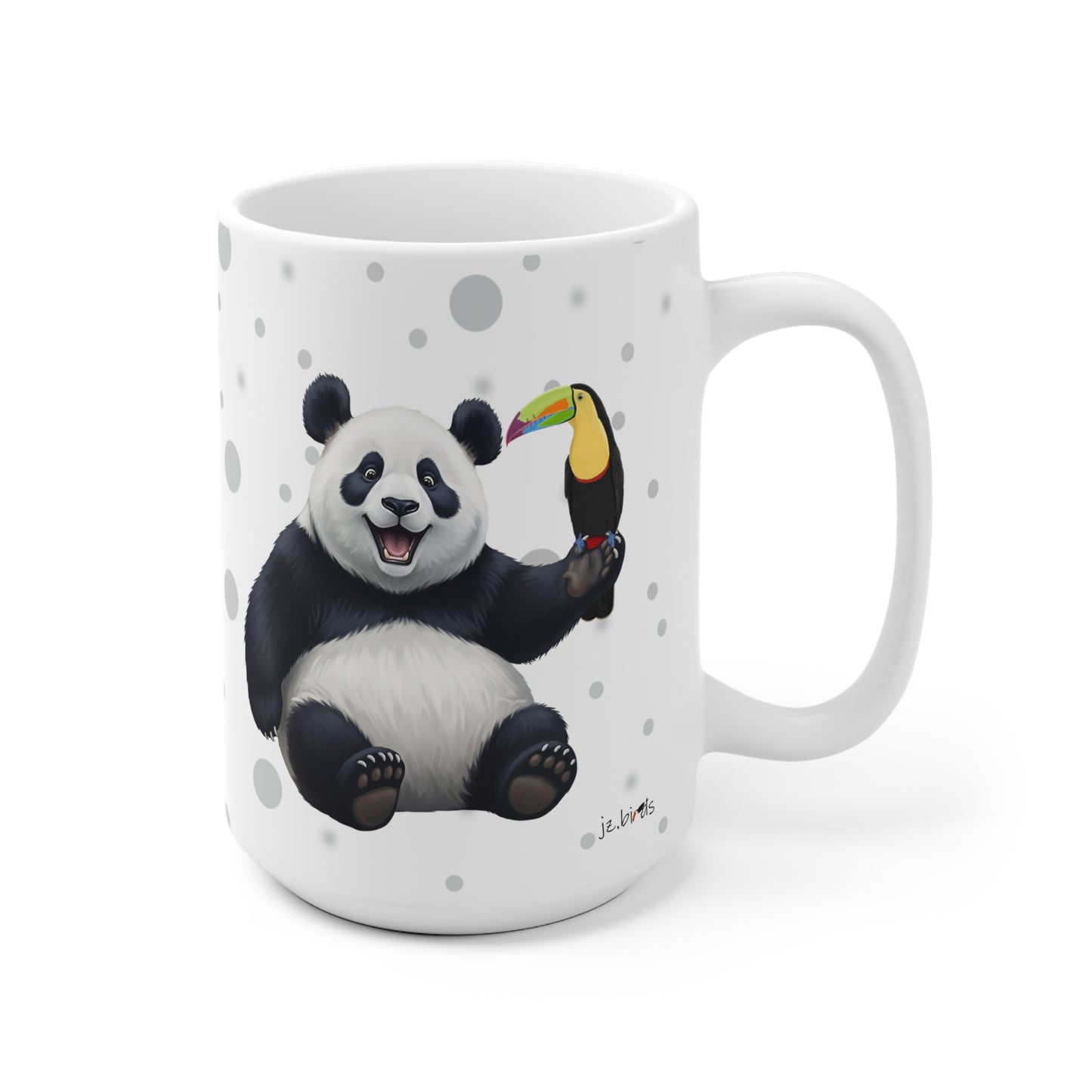 Tukan mit einem fröhlichen Panda Vogel Tiermotiv Tasse Punkte Grau
