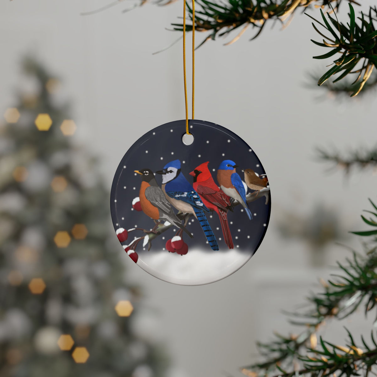 Birds on a Branch Ceramic Christmas Ornament | Durable Double-Sided Bird Lover Decor