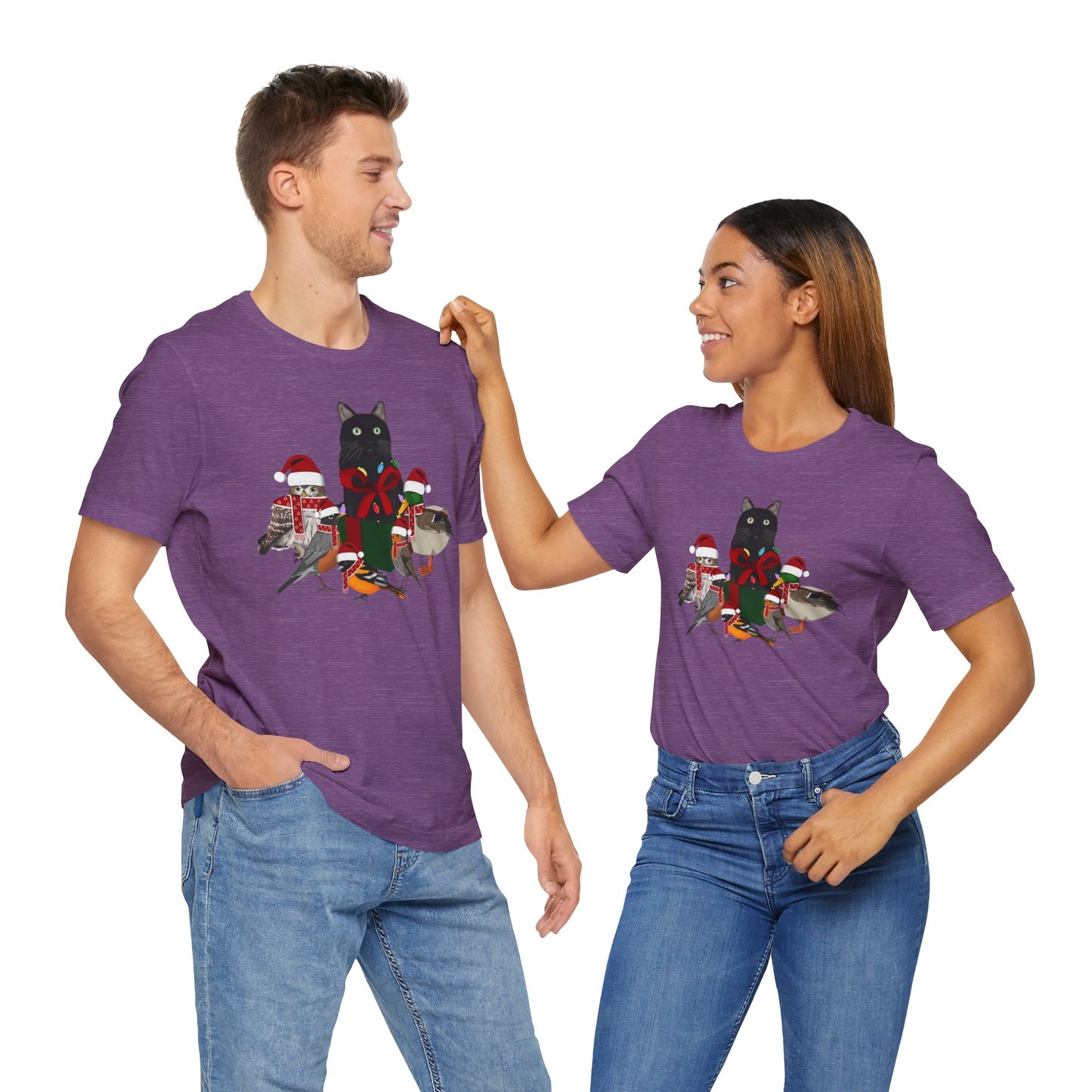 Robin Mallard Oriole Owl with Cat in a Box and Fairy Lights Christmas Bird T-Shirt
