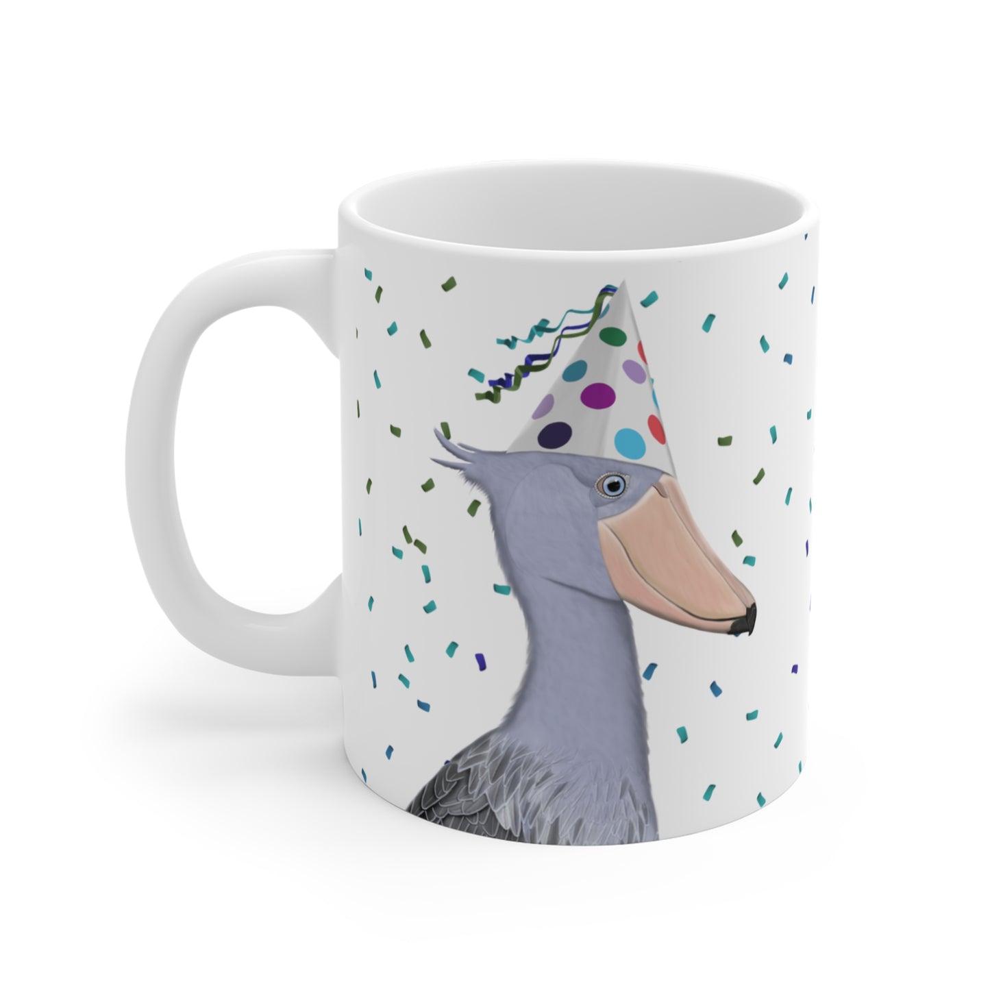 Schuhschnabel feiert Geburtstag mit Partyhut und Konfetti Vogel Tasse