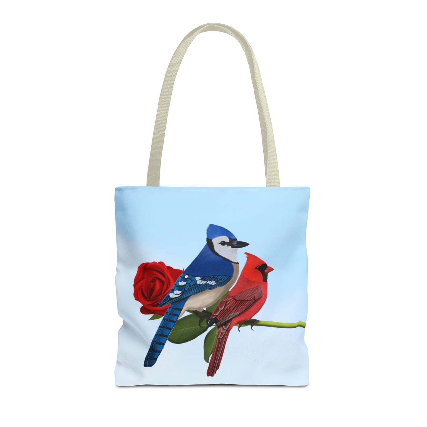 Blue Jay and Cardinal on a Rose Valentine's Day Bird Tote Bag 16"x16" - jz.birds