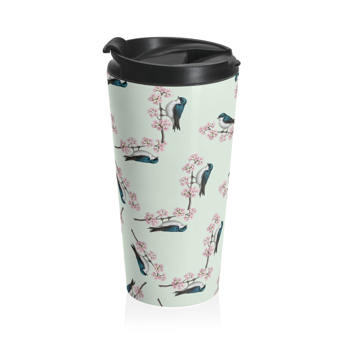 Tree Swallow Tumbler – & Cherry Blossom Travel Sage Green | 15oz Birdwatching Coffee Mug